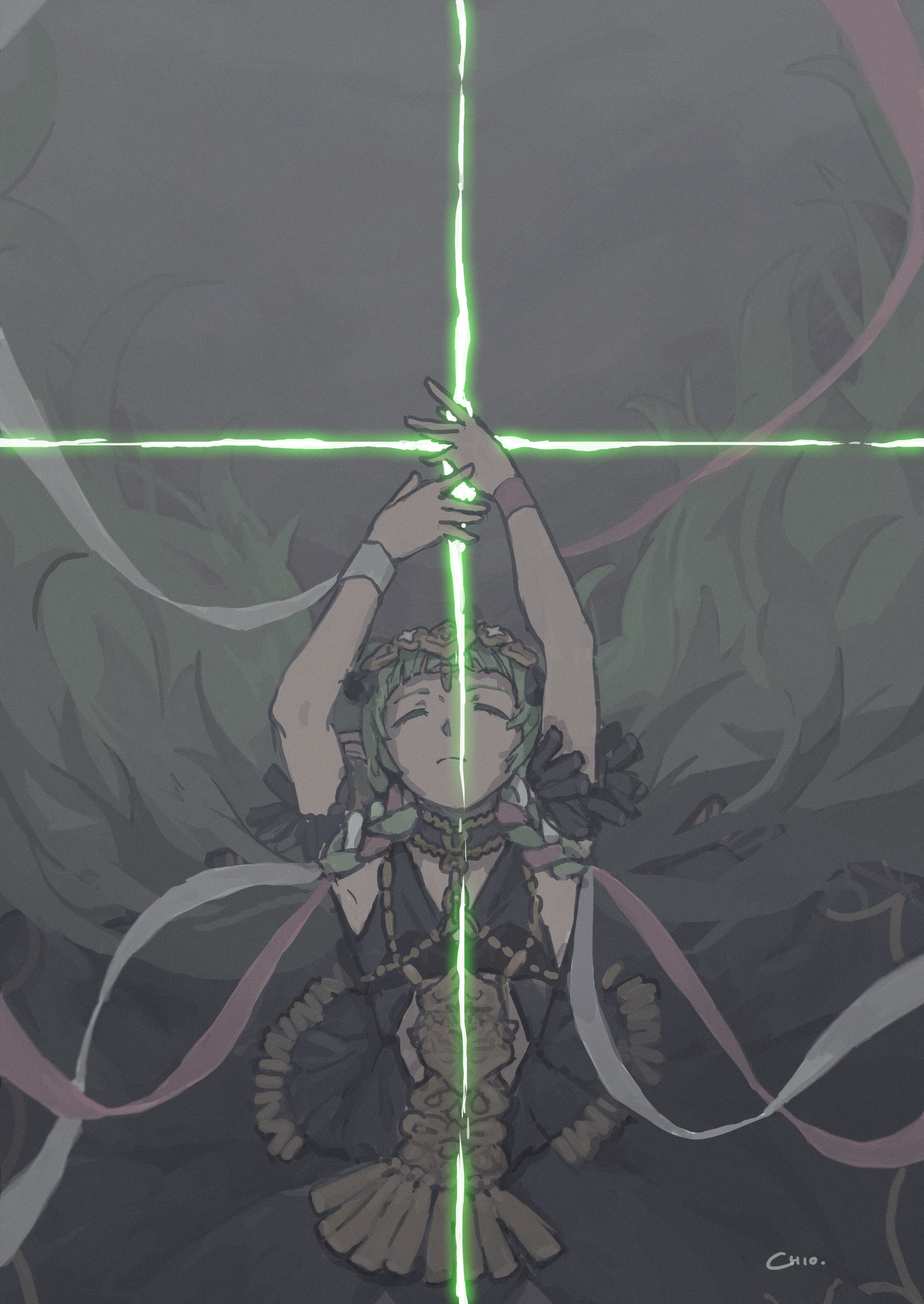 chio fe3h, sothis (fire emblem), fire emblem, fire emblem: three houses, nintendo, absurdres, highres, 1girl, arms up, braid, closed eyes, closed mouth, dress, facing viewer, green hair, hair ornament, hair ribbon, long hair, pointy ears, purple dress, ribbon, ribbon braid, side braid, simple background, solo, tiara, twin braids
