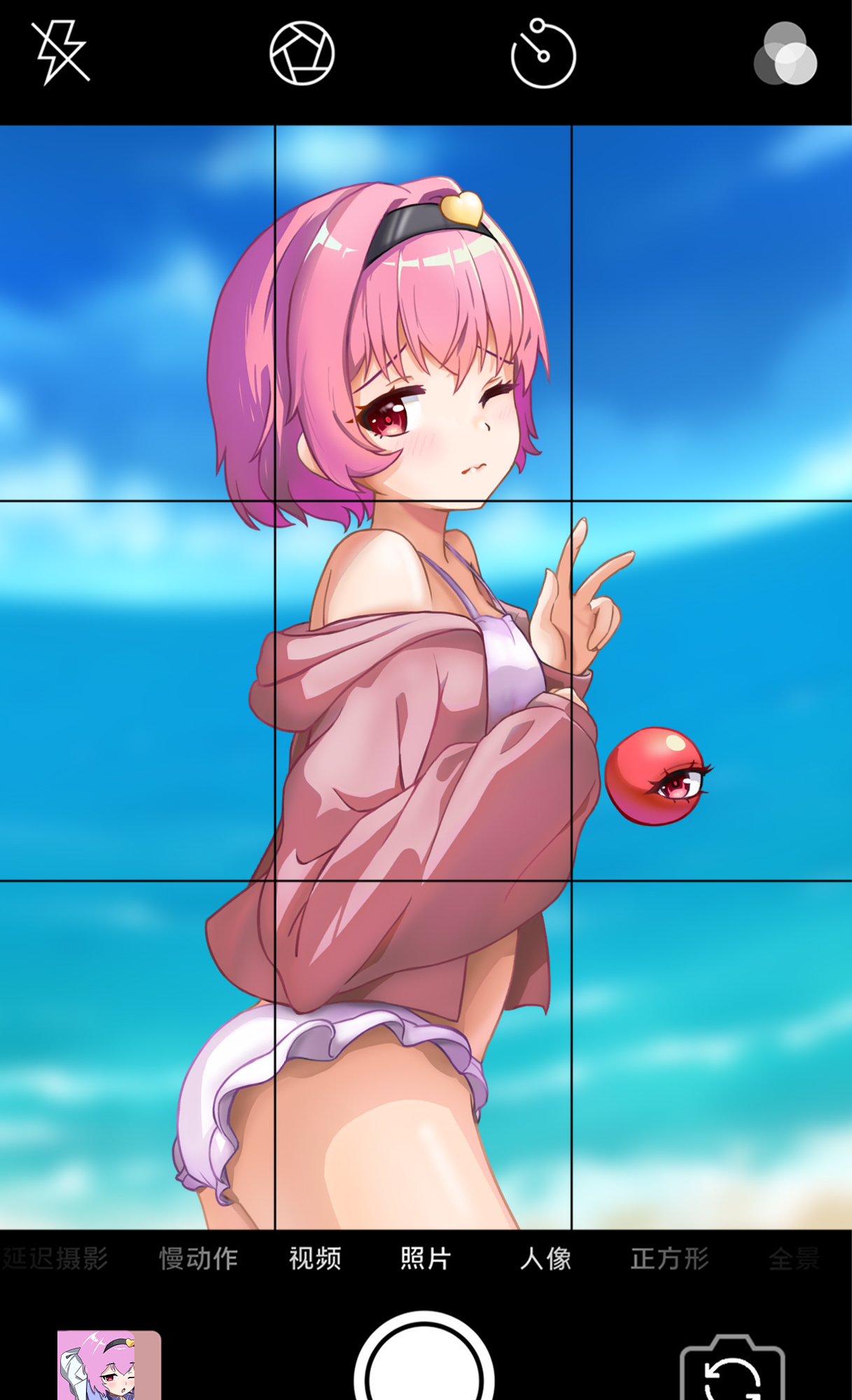 subterranorm, komeiji satori, touhou, commentary request, highres, 1girl, alternate costume, black hairband, blue sky, breasts, cowboy shot, dated, eyeball, frills, from side, hair intakes, hair ornament, hairband, hand up, heart, heart hair ornament, hood, hoodie, light blush, long sleeves, looking at viewer, looking to the side, off shoulder, one eye closed, outdoors, panties, pink hair, pink hoodie, puffy long sleeves, puffy sleeves, red eyes, short hair, signature, simple background, sky, small breasts, solo, swimsuit, taking picture, third eye, underwear, v, white background, white panties