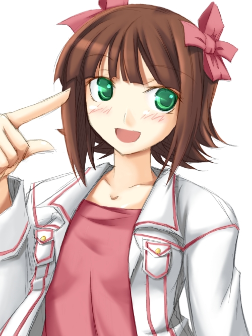 ribi, amami haruka, idolmaster, idolmaster (classic), idolmaster 1, 00s, 1girl, :d, blunt bangs, blush, brown hair, collarbone, female focus, green eyes, hair ribbon, index finger raised, jacket, long sleeves, looking at viewer, open clothes, open jacket, open mouth, pocket, red ribbon, ribbon, shirt, short hair, smile, solo, t-shirt