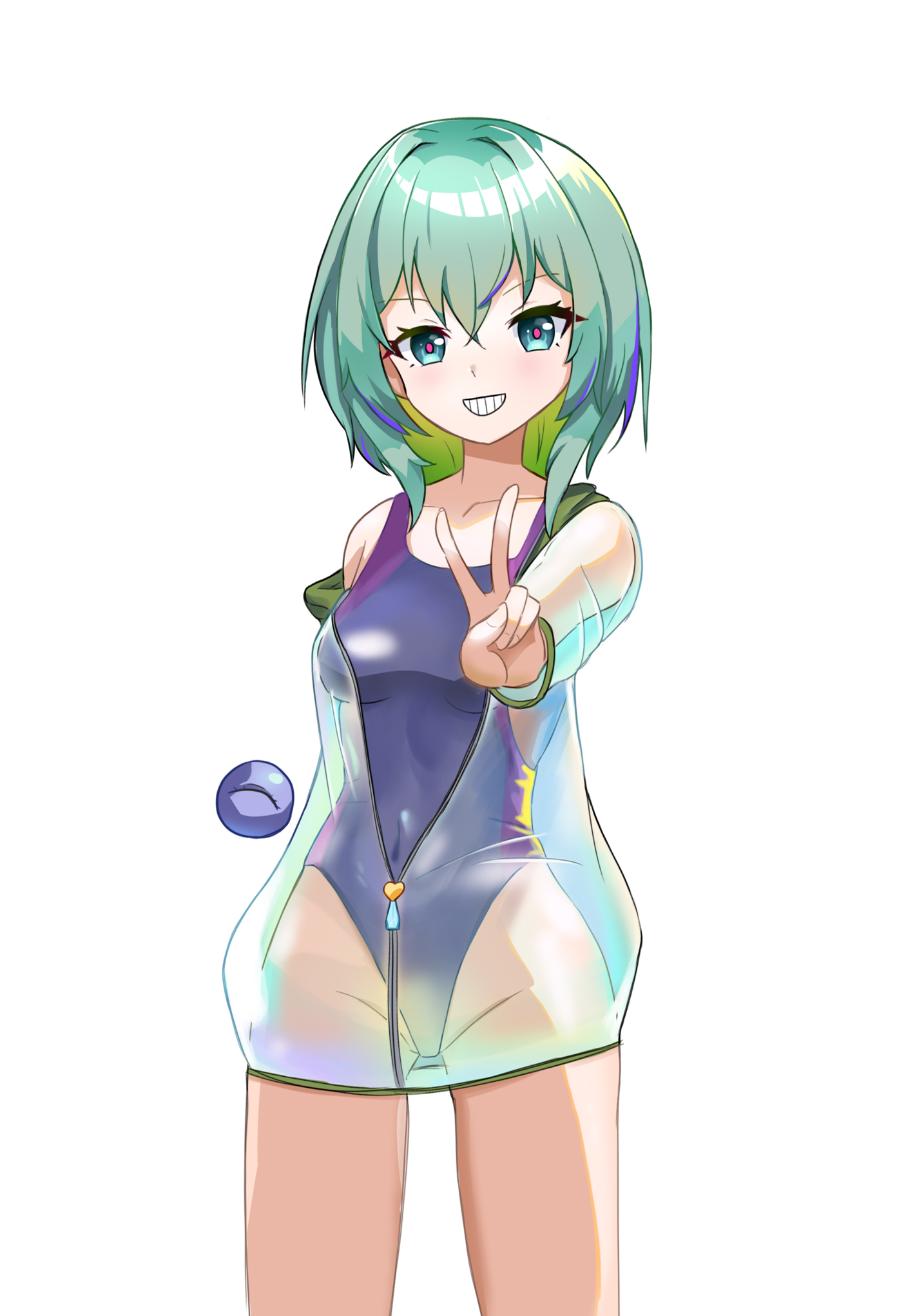 subterranorm, komeiji koishi, touhou, commentary request, highres, 1girl, black one-piece swimsuit, closed mouth, colored inner hair, dated, dated commentary, green eyes, green hair, groin, hair intakes, highleg, highleg one-piece swimsuit, looking at viewer, multicolored hair, one-piece swimsuit, red pupils, see-through clothes, short hair, simple background, smile, solo, streaked hair, swimsuit, third eye, v, white background