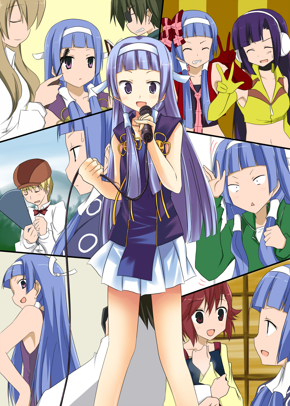 akane souichi, akiba meguru, aoba tsugumi, hibiki daitetsu, mikuriya jin, nagi, ookouchi shino, zange, kannagi, bad id, bad pixiv id, highres, 00s, 3boys, 4girls, collage, hair tubes, microphone, multiple boys, multiple girls, pleated skirt, siblings, sisters, skirt, v, white skirt