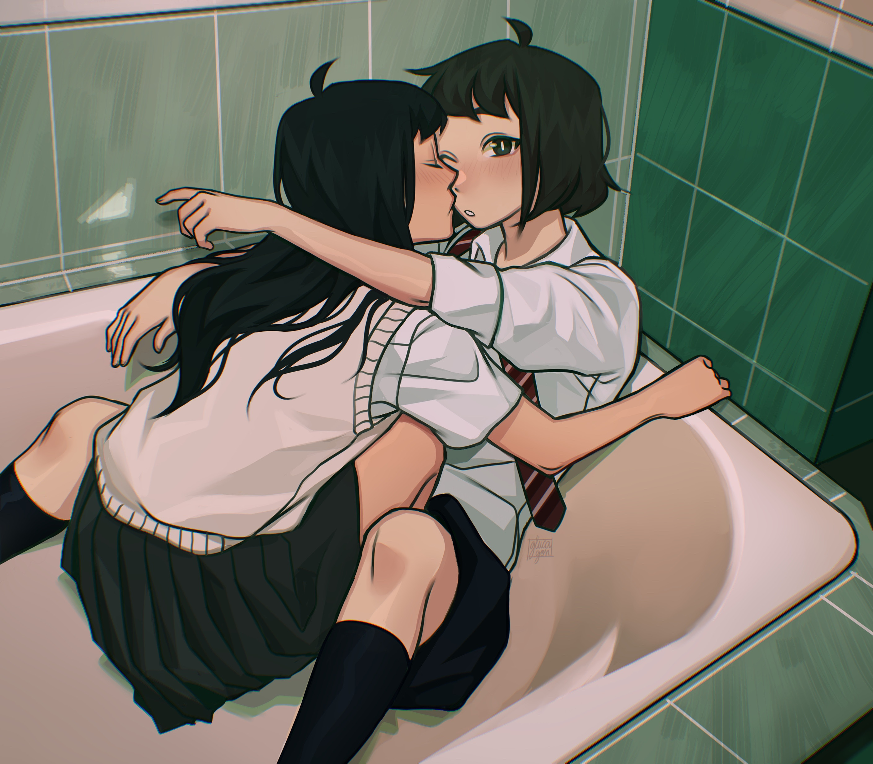 original, absurdres, commentary, english commentary, highres, photo-referenced, 2girls, ahoge, artist name, bathtub, between legs, black eyes, black hair, black skirt, black socks, blush, bright pupils, closed eyes, closed mouth, collared shirt, gluca, long hair, multiple girls, necktie, parted lips, pleated skirt, red necktie, shirt, short hair, skirt, sleeves rolled up, socks, sweater vest, tile wall, tiles, white pupils, white shirt, white sweater vest, yuri