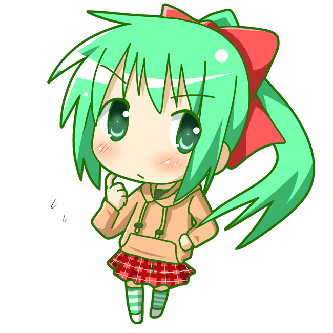 minami (colorful palette), original, blush, chibi, green eyes, green hair, hair ribbon, hood, hoodie, plaid clothes, plaid skirt, ponytail, ribbon, skirt, solo
