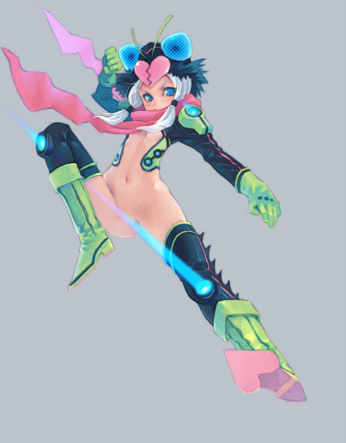 weno, kamen rider, original, 1girl, antennae, blue eyes, boots, bottomless, censored, convenient censoring, female focus, gloves, glowing, green boots, kicking, no panties, scarf, simple background, solo, thighhighs, white hair