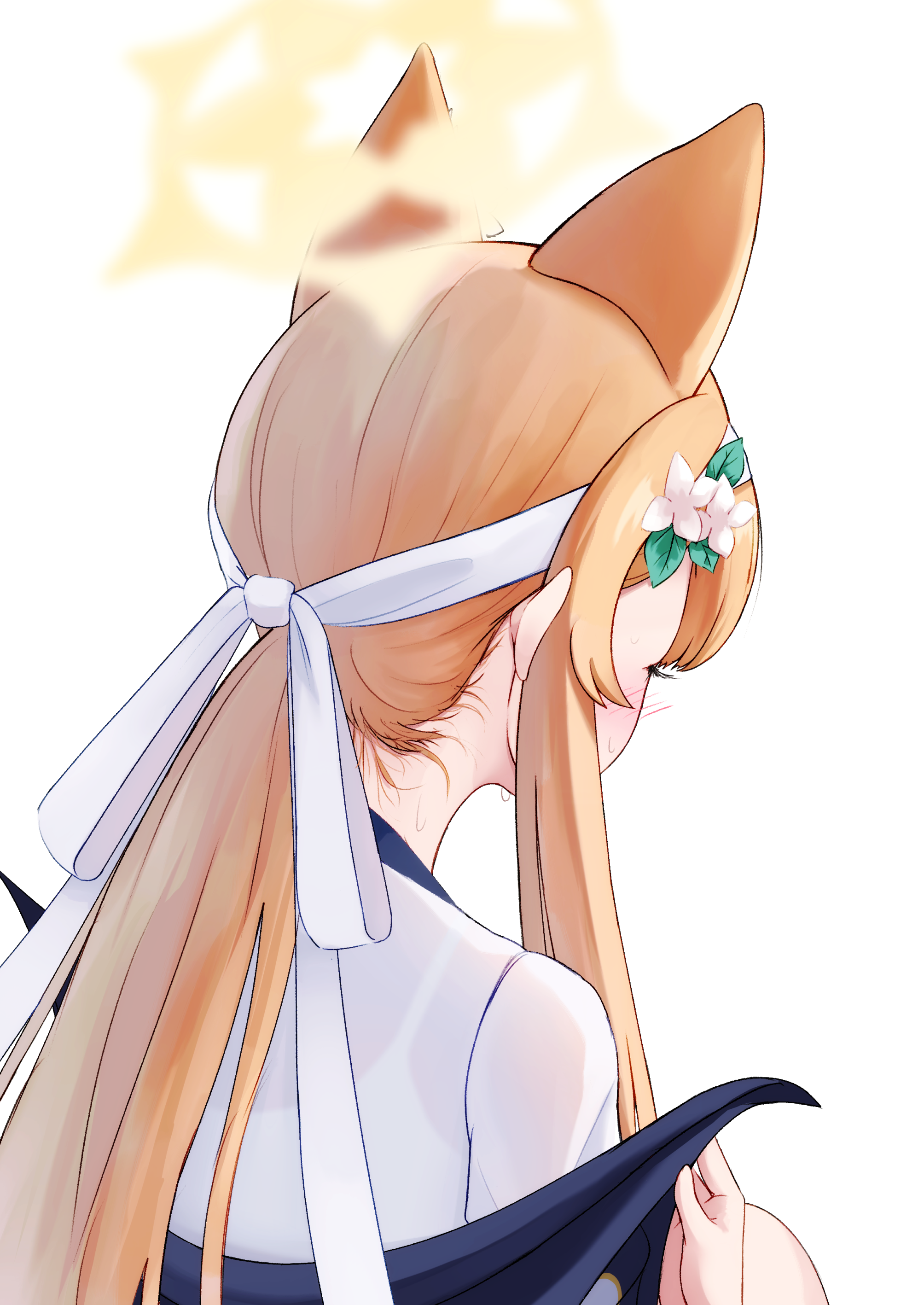 retumihari, mari (blue archive), mari (track) (blue archive), blue archive, absurdres, highres, 1girl, animal ears, blush, bra visible through clothes, cat ears, cat girl, extra ears, flower, from behind, gym shirt, gym uniform, hair flower, hair ornament, hairband, halo, jacket, leaf hair ornament, long hair, low ponytail, nape, neck, official alternate costume, official alternate hairstyle, orange hair, ponytail, see-through clothes, shirt, sidelocks, simple background, solo, sweat, track jacket, upper body, very long hair, wet, wet clothes, wet shirt, white background, white flower, white hairband, yellow halo