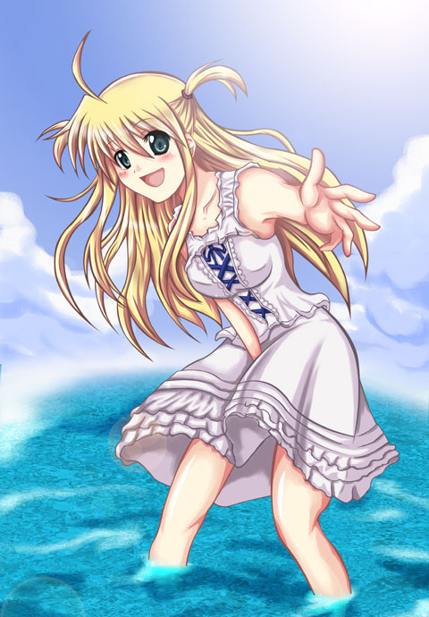 kose, arisa bunnings, lyrical nanoha, mahou shoujo lyrical nanoha, mahou shoujo lyrical nanoha a's, bad id, bad pixiv id, 00s, blonde hair, dress, long hair, solo, water