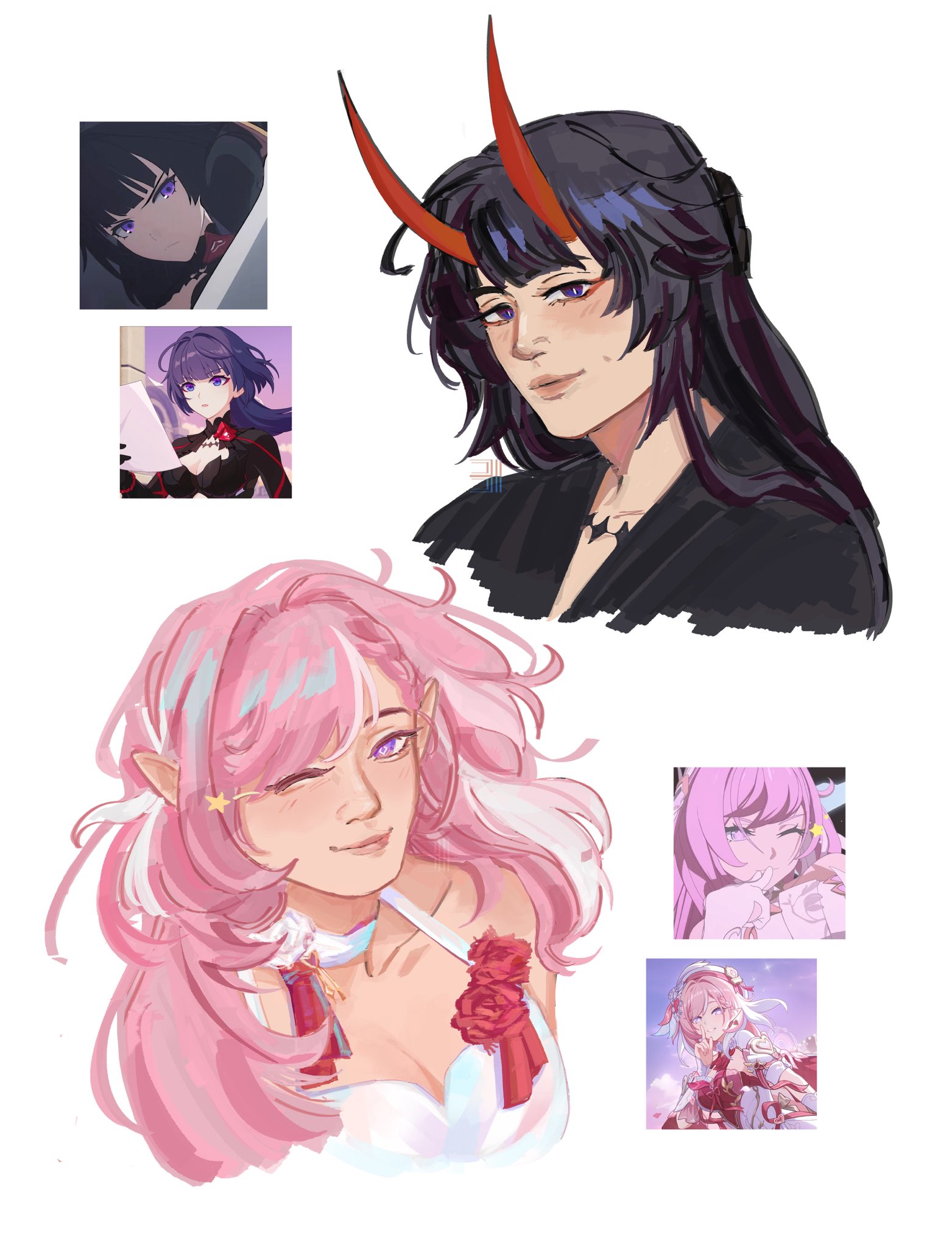 elysia (herrscher of human: ego) (honkai impact), elysia (hi love elf) (honkai impact), elysia (honkai impact), raiden mei, raiden mei (danzai spectramancer), raiden mei (herrscher of thunder), raiden mei (orochi cuirass), honkai (series), honkai impact 3rd, commentary, english commentary, highres, 2girls, 3lluon, ;), black dress, breasts, cleavage, dress, horns, large breasts, long hair, medium breasts, multicolored hair, multiple girls, one eye closed, pink hair, purple eyes, red horns, reference inset, simple background, smile, two-tone hair, very long hair, white background, white hair