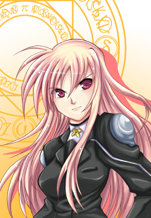 kose, fate testarossa, lyrical nanoha, mahou shoujo lyrical nanoha, mahou shoujo lyrical nanoha strikers, bad id, bad pixiv id, 00s, 1girl, antenna hair, blonde hair, female focus, formal clothes, long hair, long sleeves, magic circle, pink hair, red eyes, shoulder pads, solo, suit, very long hair