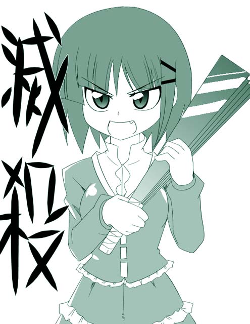 ikebata homura, aizawa sakuya, hayate no gotoku!, translated, 00s, 1girl, dress, fang, female focus, green theme, hair ornament, hairclip, hand fan, harisen, monochrome, short hair, solo