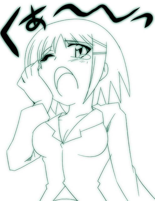 ikebata homura, aizawa sakuya, hayate no gotoku!, 00s, 1girl, blush, female focus, green theme, hair ornament, hairclip, monochrome, short hair, solo, yawning