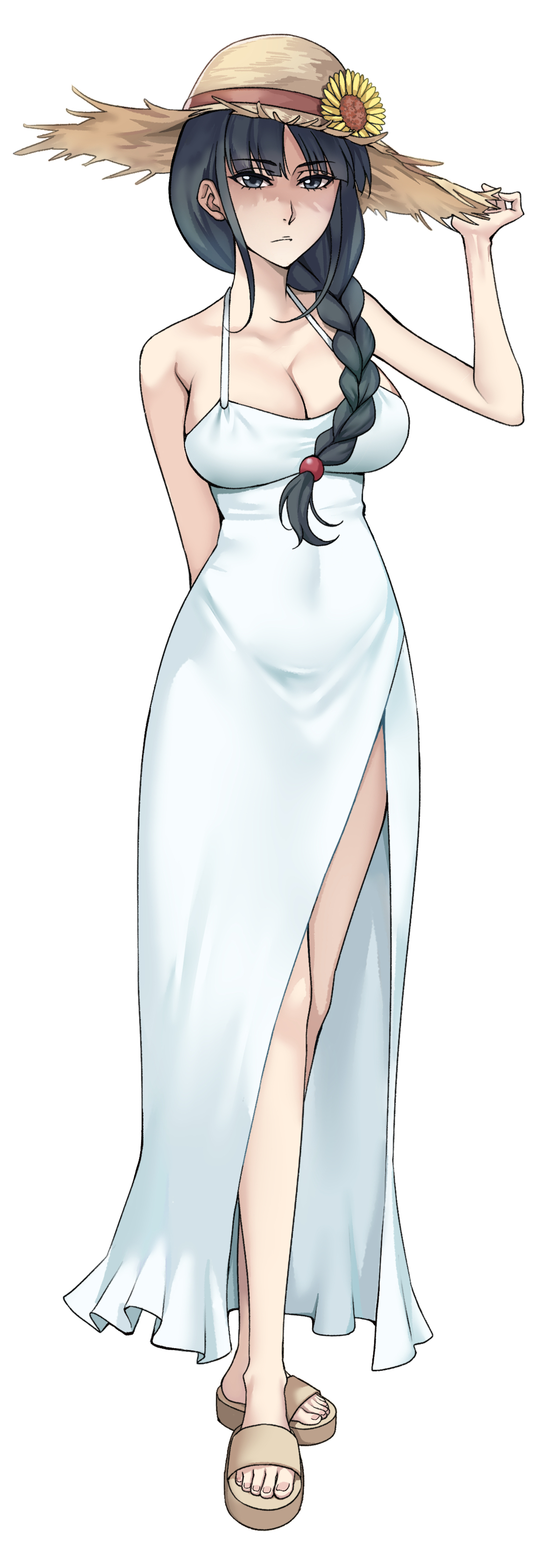 sakuya (liao kj), kurotsuchi nemu, bleach, highres, 1girl, bare shoulders, black hair, braid, braided ponytail, breasts, collarbone, dress, female focus, full body, hat, large breasts, long hair, sandals, straw hat, white dress