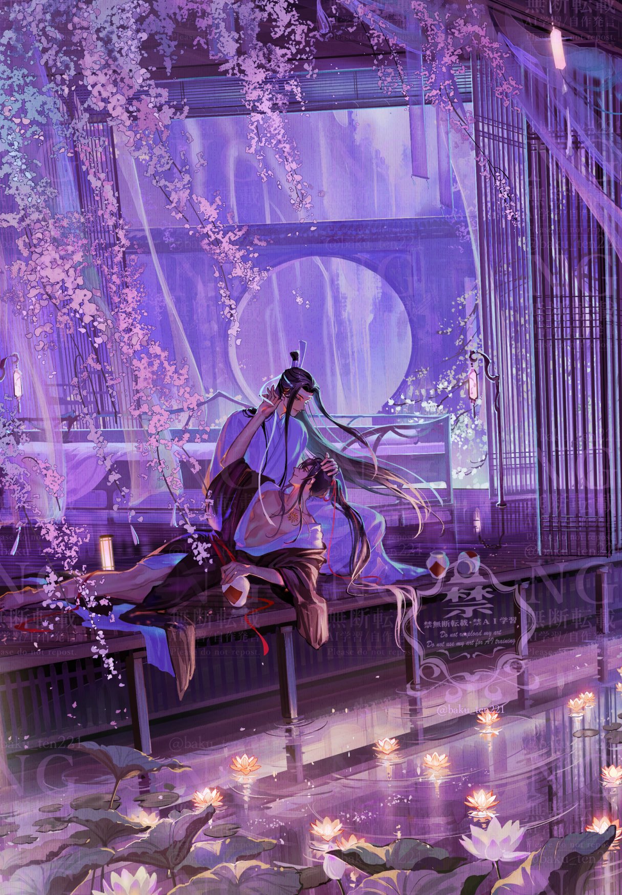 lan wangji, wei wuxian, modao zushi, highres, 2boys, alcohol, architecture, artist name, baku ten221, bare legs, bare pectorals, barefoot, bed, black hair, black hanfu, branded, chinese clothes, closed mouth, collarbone, couple, curtains, east asian architecture, falling petals, flower, flute, full body, glowing flower, hair ribbon, hand on another's head, hand on another's neck, hanfu, hanging lantern, headband, holding, holding jug, holding ribbon, indoors, instrument, jug (bottle), lantern, lap pillow, lattice, light particles, long hair, long sleeves, looking at another, lotus, lotus leaf, lying, male focus, multiple boys, night, on side, open clothes, open robe, pectorals, petals, pink flower, plant, pond, ponytail, profile, purple flower, purple theme, red ribbon, red sash, reflection, ribbon, ripples, robe, sash, scar, scar on chest, scenery, see-through curtains, sidelocks, single bare shoulder, sitting, smile, topknot, twitter username, veranda, very long hair, water, watermark, watermark grid, white hanfu, white headband, white ribbon, wide shot, wide sleeves, window, window blinds, wisteria, xiao guan (headdress), yaoi