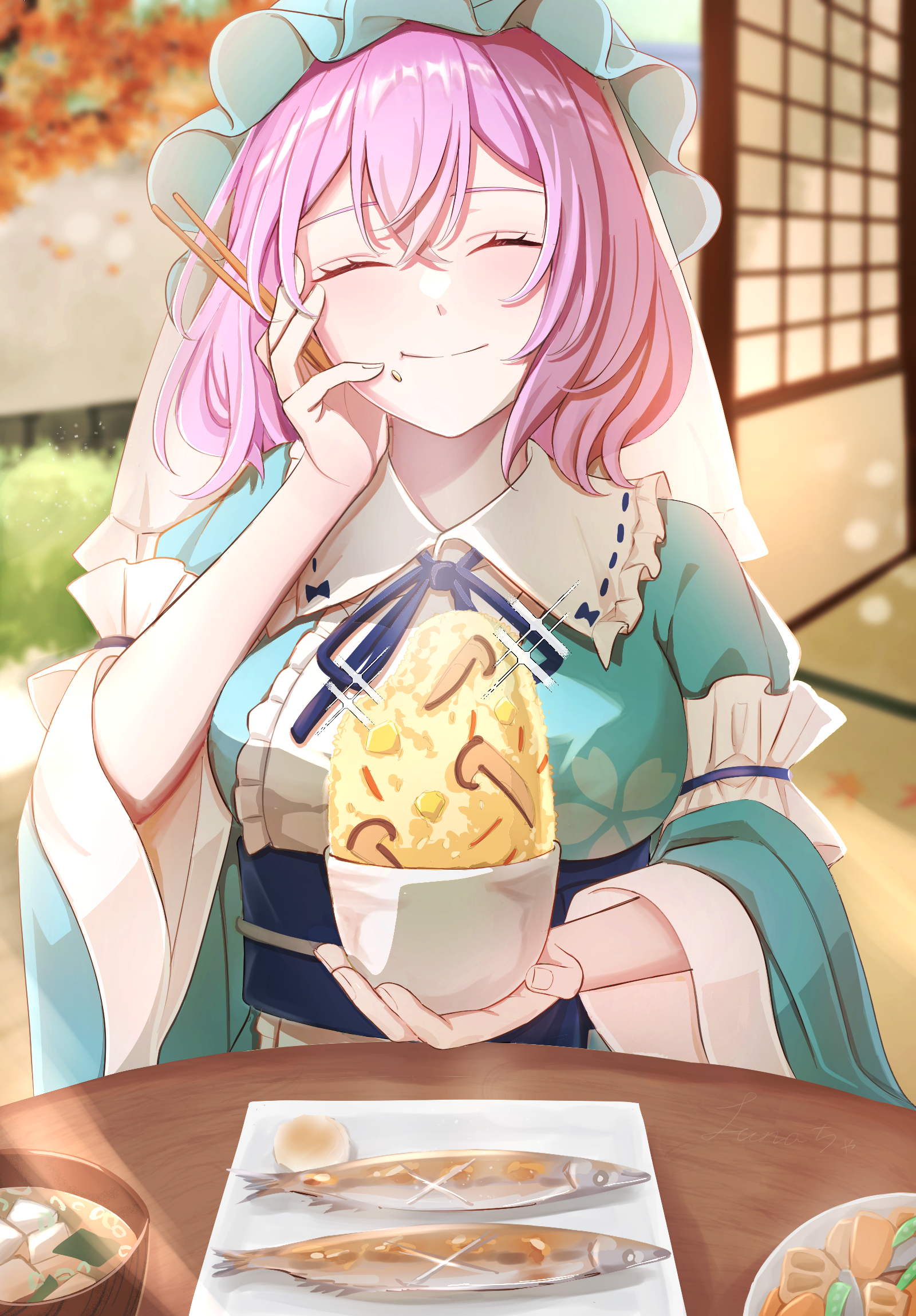 saigyouji yuyuko, touhou, commentary request, food request, highres, 1girl, blue kimono, blue ribbon, blush, breasts, chabudai, chopsticks, closed eyes, closed mouth, facing viewer, fish (food), food, food on face, frilled kimono, frills, glutton, hand on own face, hat, holding, holding chopsticks, japanese clothes, kimono, long hair, long sleeves, luuu u u, miso soup, mob cap, mushroom slice, neck ribbon, petal print, pink hair, print kimono, ribbon, rice, sleeve garter, smile, solo, table, triangular headpiece, wide sleeves