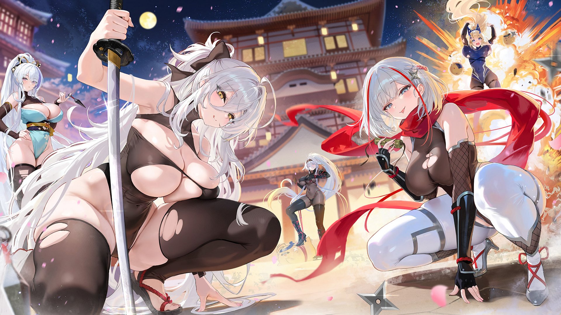 guam (azur lane), guam (stage-setting charmer) (azur lane), hakuhou (azur lane), hakuhou (floral ninja roleplay) (azur lane), i-404 (azur lane), i-404 (dance of crimson strings) (azur lane), manjuu (azur lane), sovetsky soyuz (azur lane), sovetsky soyuz (stringed interrogation) (azur lane), unzen (arcane ninja knowledge) (azur lane), unzen (azur lane), azur lane, highres, official art, third-party source, 5girls, :p, :q, architecture, armpits, black thighhighs, blonde hair, blue eyes, bodystocking, breasts, cleavage, covered navel, east asian architecture, explosion, fishnet bodystocking, fishnets, full moon, huge breasts, katana, kunai, looking at viewer, moon, multicolored hair, multiple girls, night, night sky, ninja, official alternate costume, pantyhose, purple hair, purple streaks, red hair, red scarf, scarf, short hair, shuriken, sky, streaked hair, sword, thighhighs, tongue, tongue out, torn clothes, torn thighhighs, weapon, white hair, white pantyhose, yellow eyes