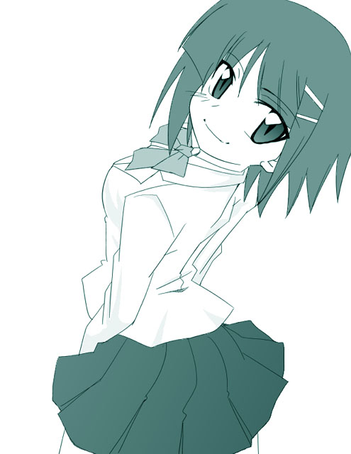 ikebata homura, aizawa sakuya, hayate no gotoku!, 00s, 1girl, blush, female focus, green theme, hair ornament, hairclip, monochrome, school uniform, serafuku, short hair, skirt, solo