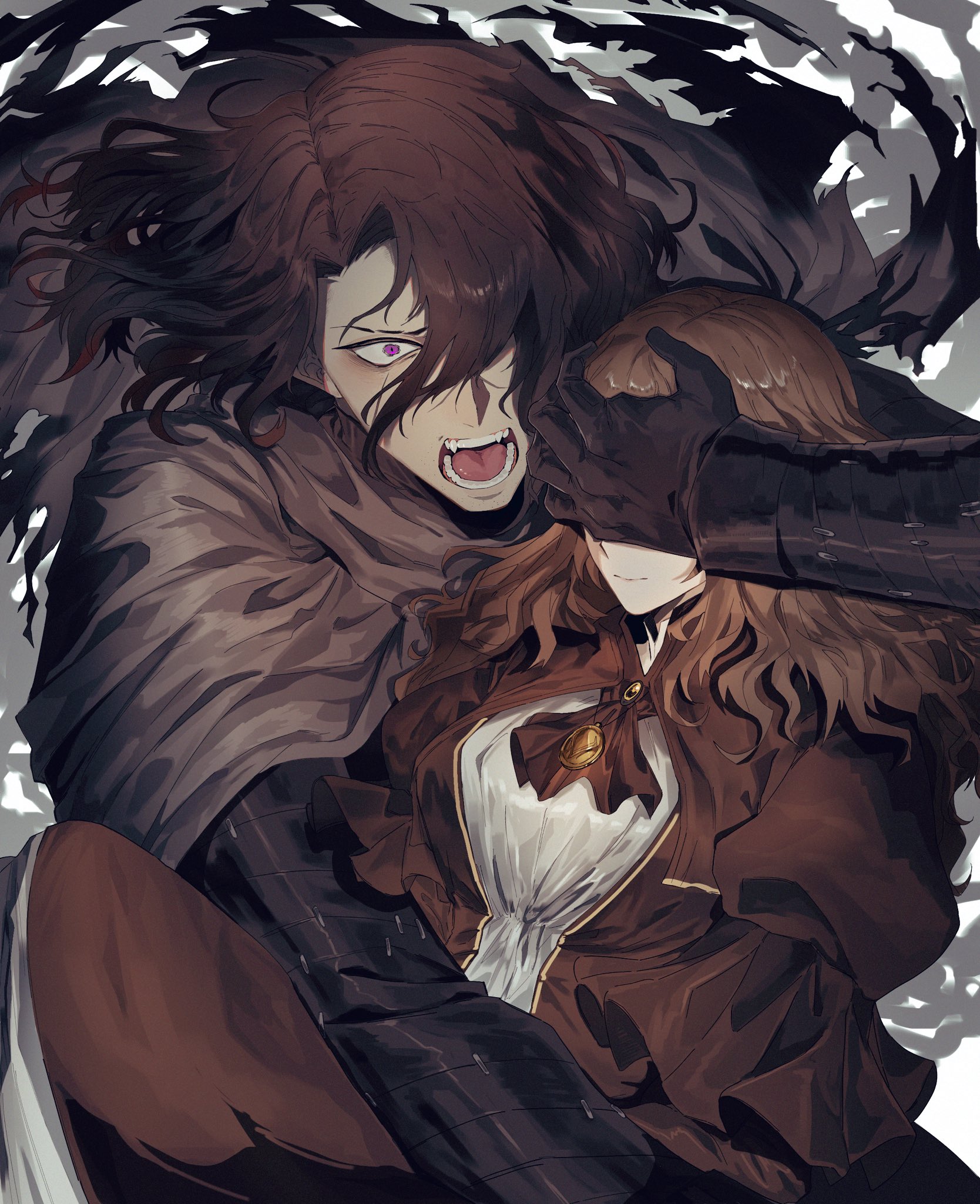 catherine (project moon), heathcliff (project moon), limbus company, project moon, highres, ascot, black cape, black gloves, black hair, brown ascot, brown dress, brown hair, cape, covering another's eyes, dark-skinned male, dark skin, dress, gloves, light smile, long hair, looking at viewer, purple eyes, screaming, teihen do 9981, upper body, white background, white dress