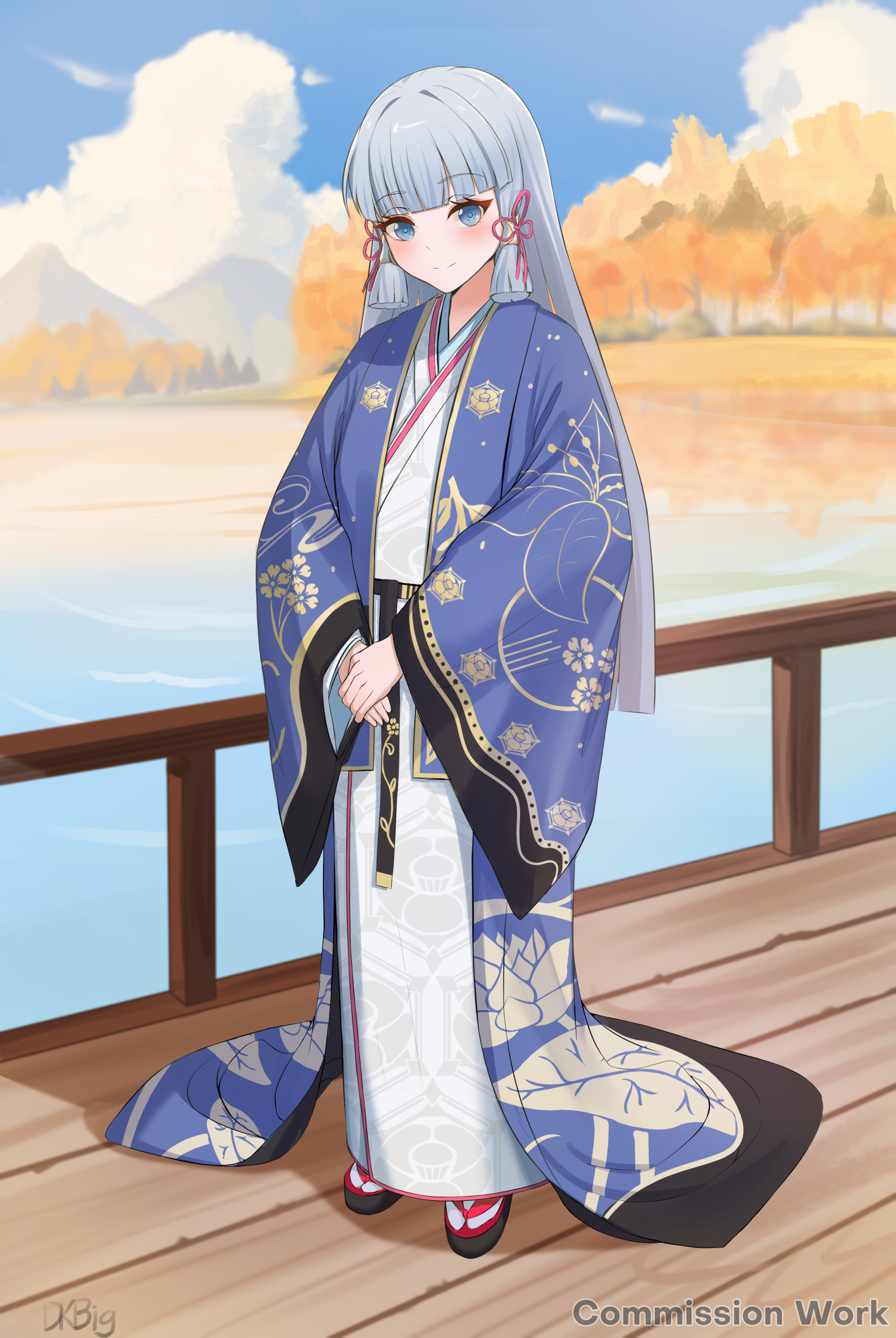 dkbig, ayaka (genshin impact), genshin impact, absurdres, commentary, commentary request, commission, english commentary, highres, mixed-language commentary, 1girl, alternate costume, artist name, blue eyes, blue hair, blue sky, blunt tresses, blush, closed mouth, cloud, day, floral print, floral print kimono, full body, japanese clothes, kamisato clan (emblem), kimono, long hair, looking at viewer, outdoors, own hands together, print kimono, sidelocks, sky, smile, solo, standing, very long hair, white kimono
