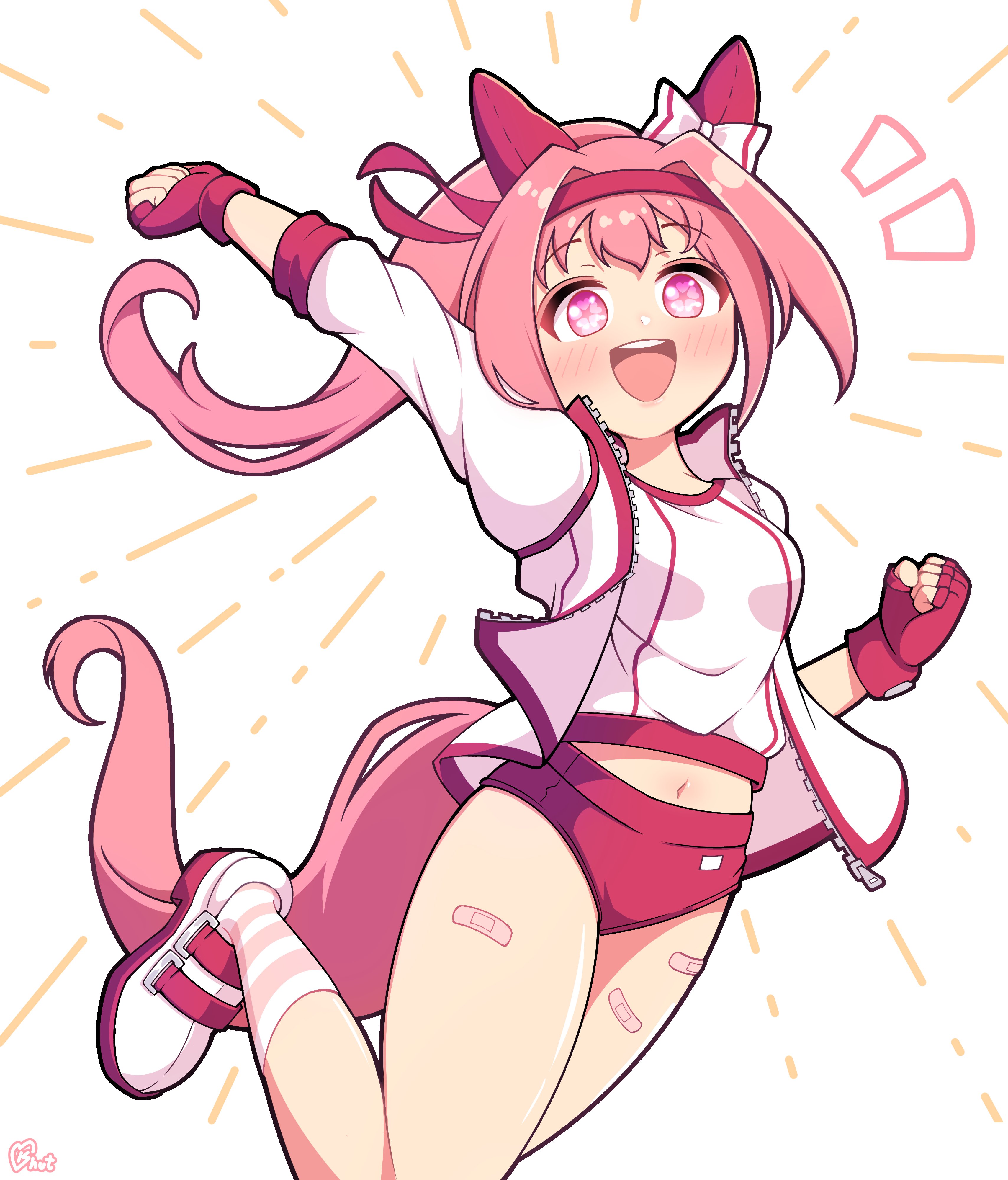 shutowl, haru urara (bestest prize) (umamusume), haru urara (umamusume), umamusume, absurdres, commission, highres, 1girl, animal ears, bandaid, bandaid on leg, blush, bow, buruma, ear bow, ear covers, fingerless gloves, flower-shaped pupils, flower in eye, gloves, hairband, headband, horse ears, horse girl, horse tail, jacket, long hair, looking at viewer, midriff, navel, open mouth, pink buruma, pink eyes, pink hair, pink headband, ponytail, red buruma, red gloves, red headband, shirt, shoes, simple background, smile, socks, solo, striped clothes, striped socks, symbol-shaped pupils, symbol in eye, tail, teeth, upper teeth only, white jacket, white shirt