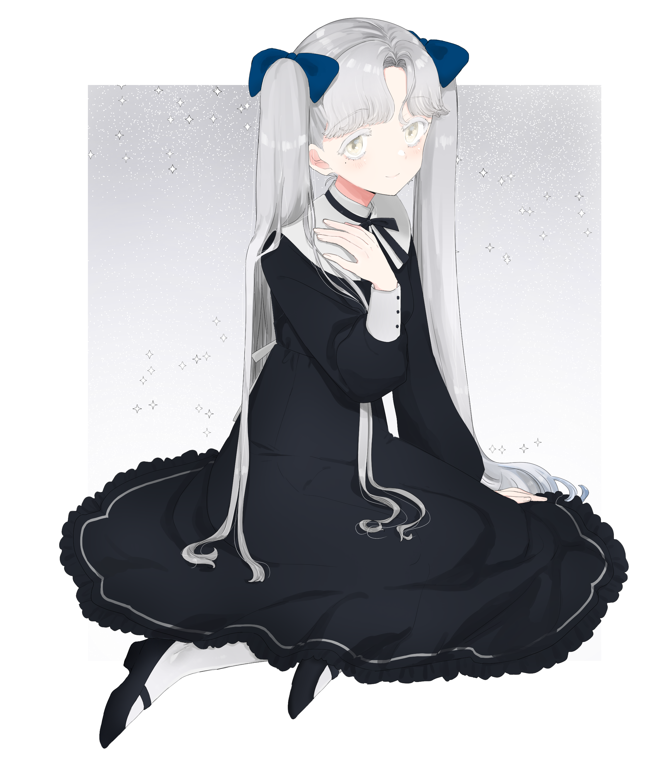 eurasia (wtp09ptw14), original, absurdres, commentary request, highres, 1girl, black dress, black ribbon, blue bow, border, bow, closed mouth, different zoom layer, dress, full body, grey background, grey hair, hair bow, hair ribbon, long hair, long sleeves, looking at viewer, neck ribbon, outside border, parted bangs, ribbon, sitting, smile, solo, twintails, very long hair, white border, yellow eyes, zoenuria (eurasia)