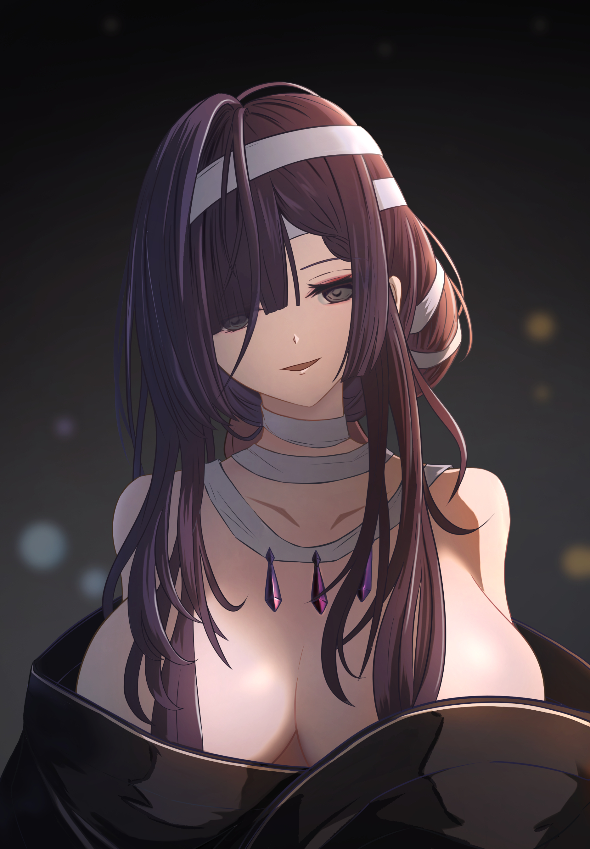 fuyuame5089, asama (azur lane), azur lane, absurdres, highres, 1girl, bandages, bare shoulders, black background, black eyes, black hair, black kimono, breasts, collarbone, eyeliner, gradient background, hair over one eye, huge breasts, japanese clothes, kimono, long hair, looking at viewer, makeup, parted lips, red eyeliner, smile, solo