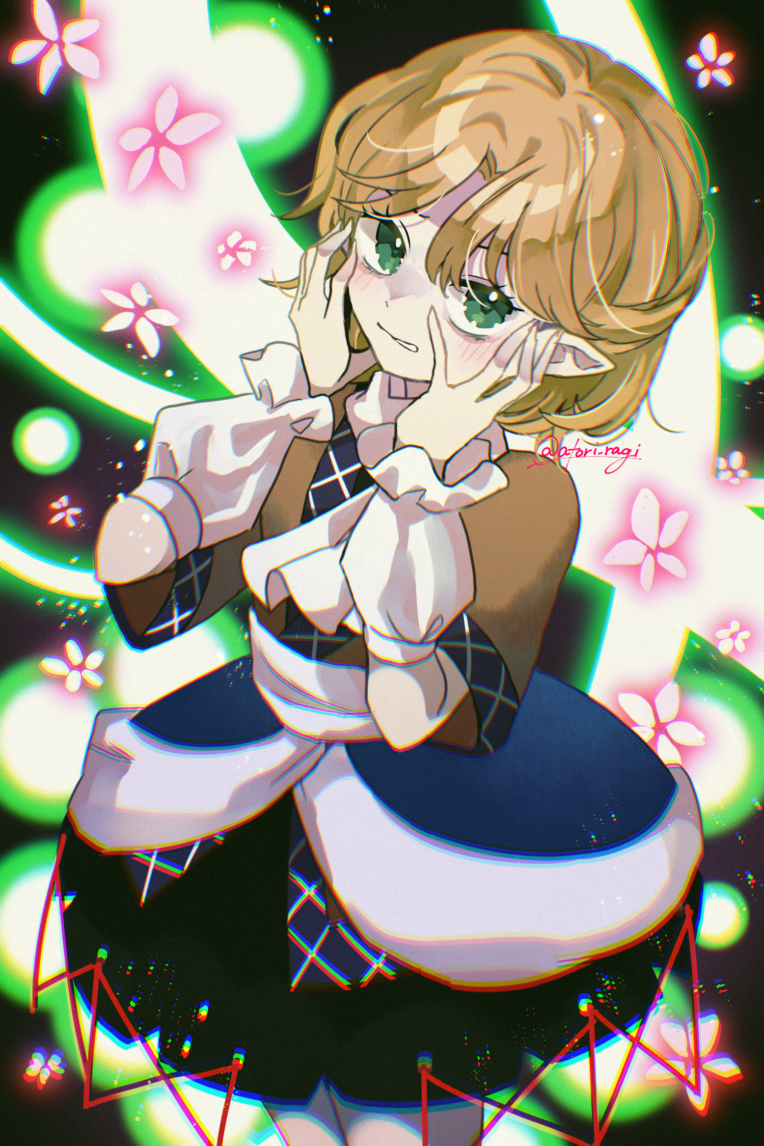 katsuragi atori, mizuhashi parsee, touhou, commentary request, highres, 1girl, arm warmers, black skirt, blonde hair, blush, brown shirt, cowboy shot, danmaku, green eyes, hands on own cheeks, hands on own face, looking at viewer, pointy ears, sash, scarf, shirt, short hair, short sleeves, skirt, solo, white sash, white scarf