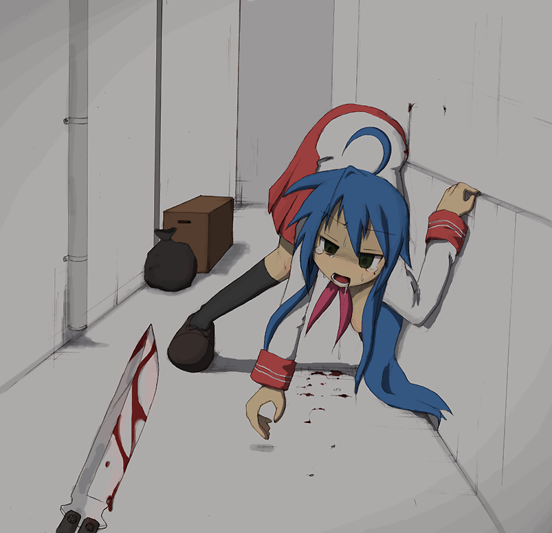 saki saki, sakifox, izumi konata, lucky star, bad id, 00s, 1girl, ahoge, blood, blue hair, empty eyes, female focus, knife, long hair, mole, mole under eye, school uniform, serafuku, solo, stab, violence