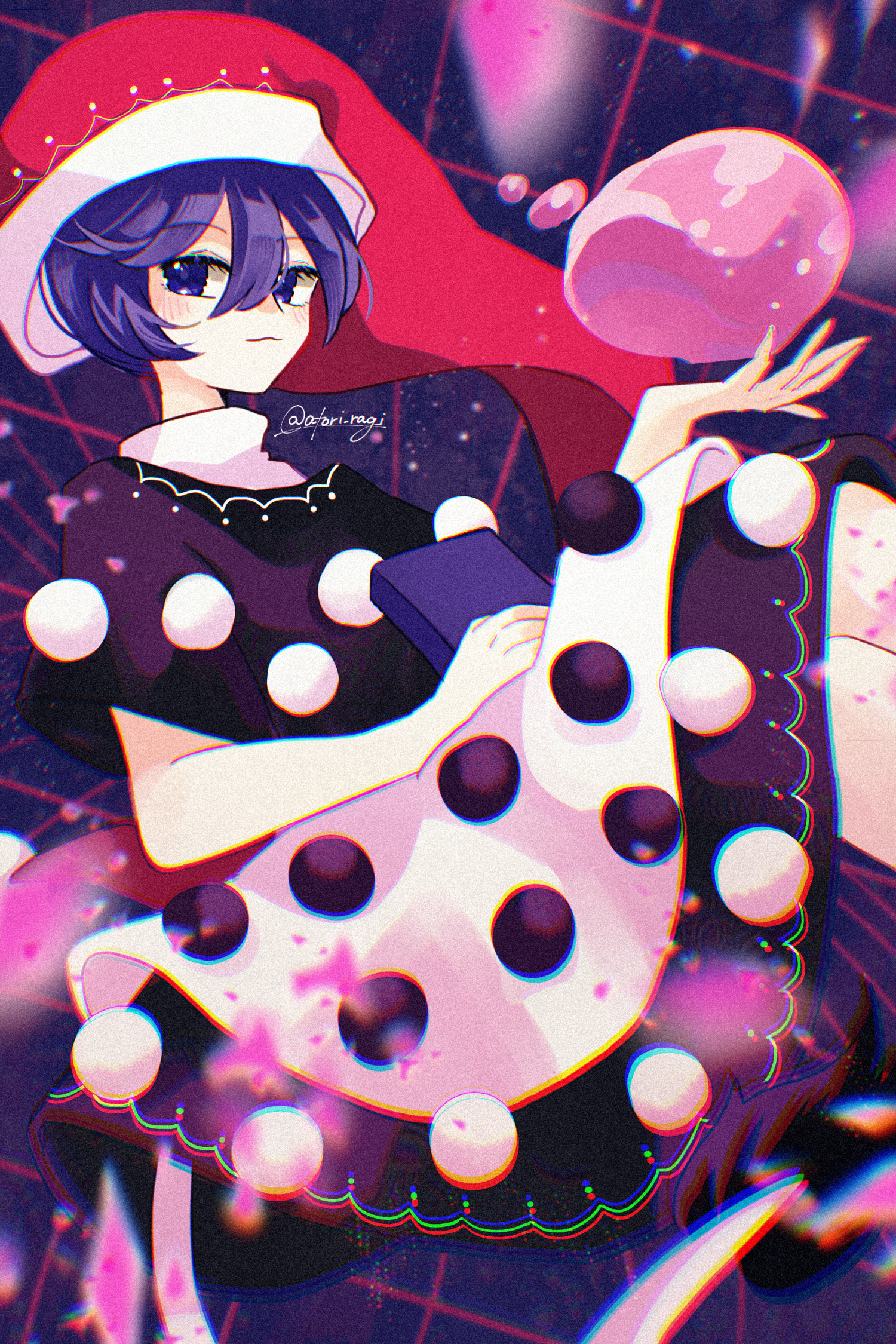 katsuragi atori, doremy sweet, touhou, commentary request, highres, 1girl, black capelet, black dress, blob, blue eyes, blush, book, capelet, closed mouth, dream soul, dress, hair between eyes, hat, holding, holding book, looking at viewer, multicolored dress, nightcap, pom pom (clothes), purple eyes, purple hair, red hat, short hair, solo, tail, tapir tail, twitter username, two-tone dress, white dress