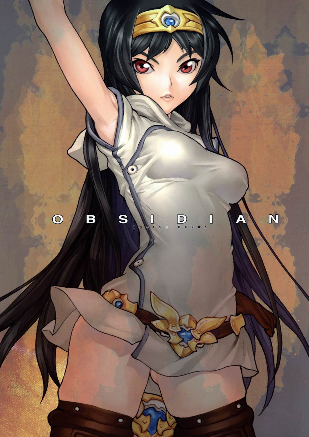 hakua ugetsu, ki (druaga), druaga no tou, highres, 1girl, armpits, belt, black hair, breasts, brown background, brown thighhighs, circlet, cowboy shot, crown, dress, female focus, lips, long hair, red eyes, shirt, solo, taut clothes, taut shirt, thighhighs, very long hair, zettai ryouiki