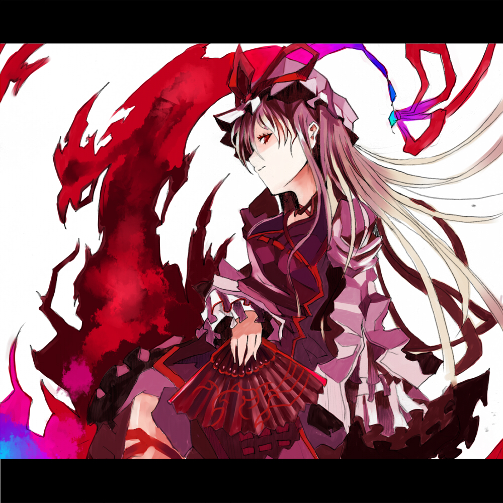 makai no juumin, yakumo yukari, touhou, bad id, bad pixiv id, 1girl, female focus, hand fan, hat, letterboxed, long hair, ribbon, solo, white background