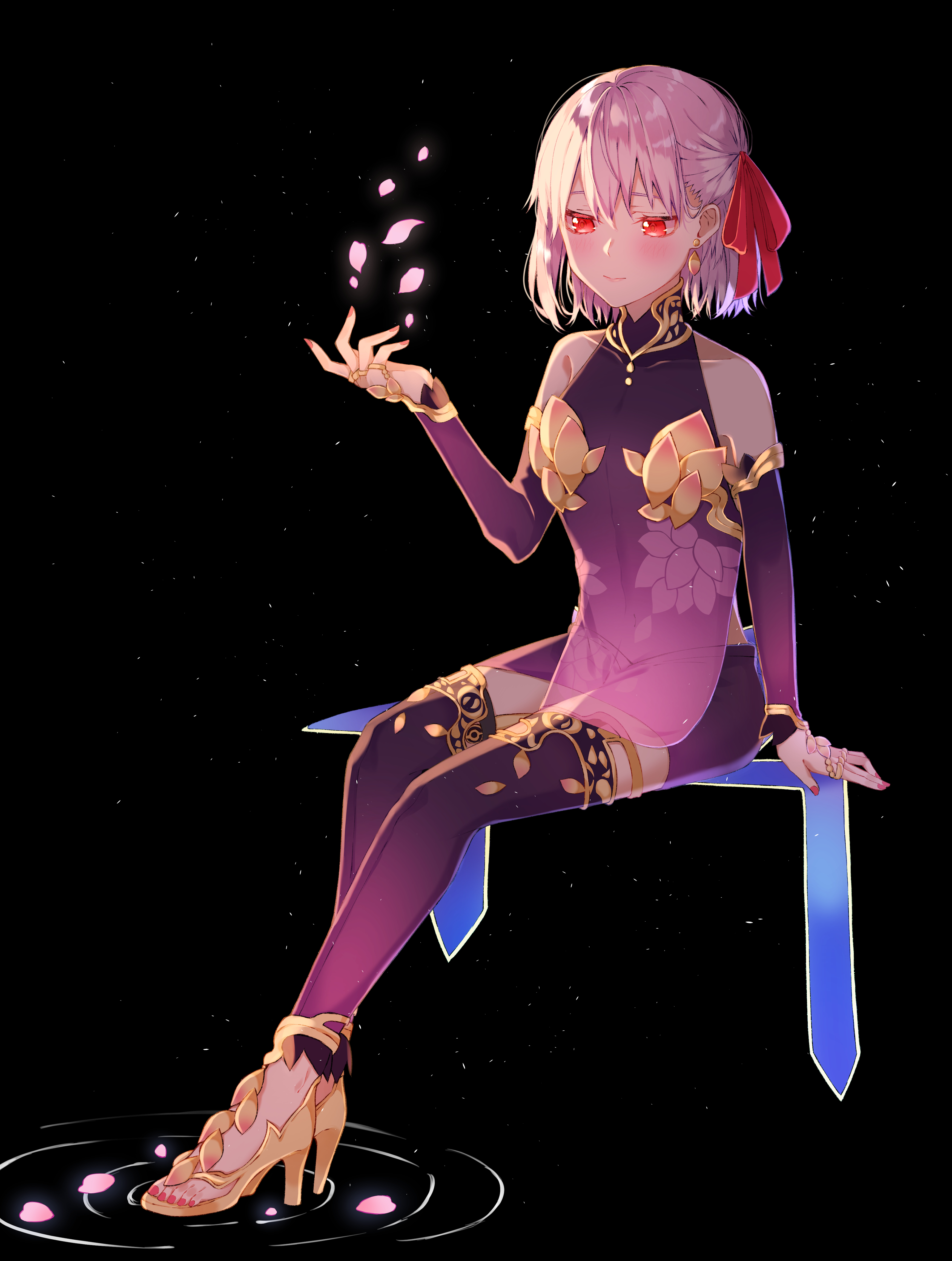 yunoji (onigiri yumi09), kama (assassin) (first ascension) (fate), kama (fate), kama (first ascension) (fate), kama (young) (fate), fate/grand order, fate (series), gold armlet, absurdres, highres, 1girl, bare shoulders, black background, blush, closed mouth, covered collarbone, detached sleeves, dress, earrings, fingernails, floral print, full body, gold earrings, gold ring, gold shoes, gold trim, hair between eyes, hair ribbon, half-closed eyes, hand up, high heels, jewelry, long fingernails, long sleeves, looking to the side, mandarin collar, multiple rings, nail polish, paddle, petals, pink hair, purple dress, purple skirt, purple sleeves, purple thighhighs, red eyes, red nails, red ribbon, ribbon, ring, shoes, short hair, simple background, single earring, sitting, skirt, sleeveless, sleeveless dress, smile, solo, thighhighs, thighlet, toenail polish, toenails