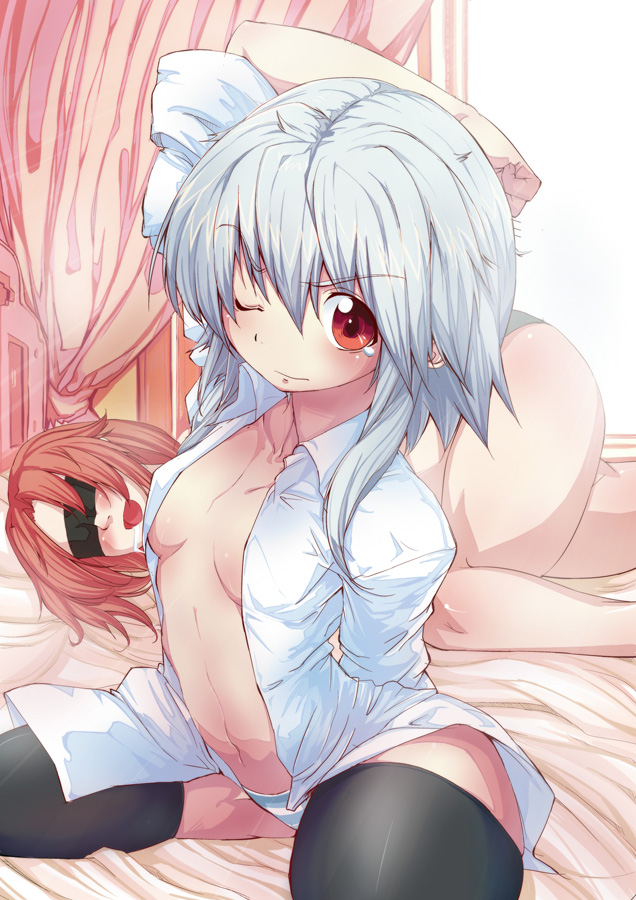 hidori (hibi toridori), hong meiling, izayoi sakuya, embodiment of scarlet devil, touhou, silver hair, 2girls, bed, blindfold, female focus, long hair, multiple girls, no bra, nude, panties, red eyes, red hair, shirt, short hair, sleeves rolled up, socks, thighhighs, underwear