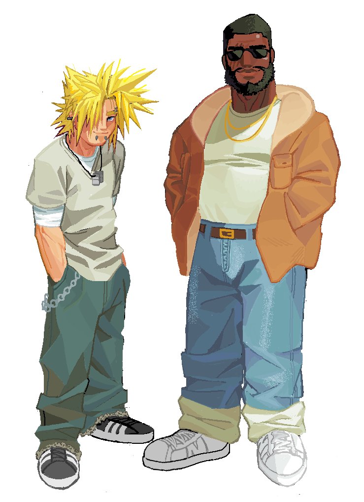 capsule (capsulecomputrz), barret wallace, cloud strife, final fantasy, final fantasy vii, commentary, english commentary, 2boys, alternate costume, baggy pants, beard, belt, black hair, black shoes, blonde hair, blue pants, brown belt, brown jacket, closed mouth, contemporary, dark-skinned male, dark skin, denim, dog tags, ear piercing, eyebrow piercing, face piercing, facial hair, full body, fur-trimmed jacket, fur trim, gold necklace, grey shirt, hands in pockets, jacket, jeans, jewelry, layered sleeves, looking at viewer, male focus, multiple boys, necklace, pants, piercing, scar, scar across eye, scar on face, shirt, shirt tucked in, shoes, short hair, simple background, snakebite (piercing), sneakers, spiked hair, standing, sunglasses, undershirt, wallet chain, white background, white shirt, white shoes