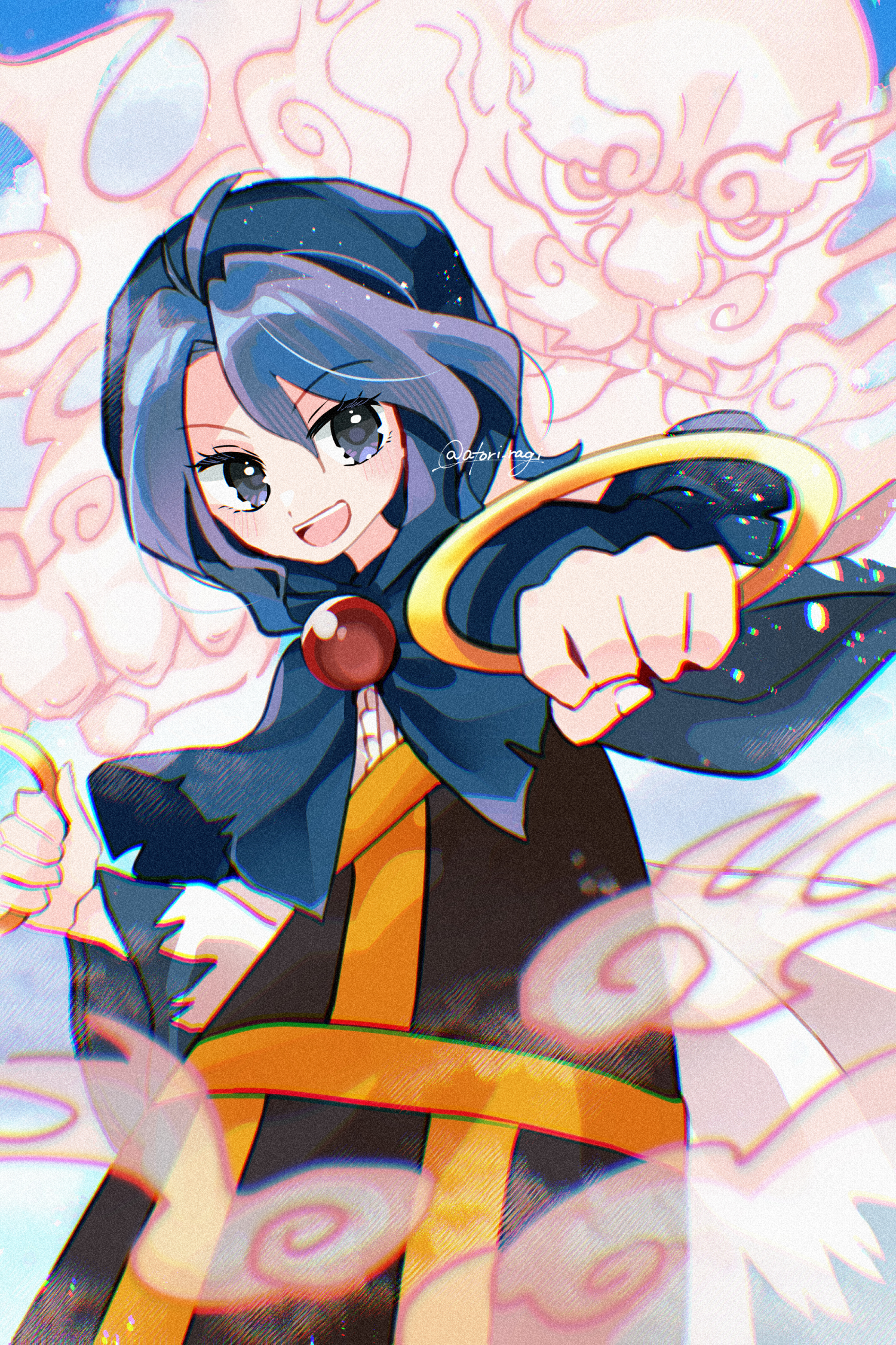 katsuragi atori, kumoi ichirin, unzan, touhou, commentary request, highres, 1boy, 1girl, artist name, blue dress, blue eyes, blue hair, blue hood, blue sky, buddhist nun, cloud, cowboy shot, day, dress, fingernails, frills, hair between eyes, hands up, holding hoop, hood, hood up, hoop, jewelry, kesa, long sleeves, looking afar, looking at viewer, open mouth, outdoors, pendant, short hair, sky, smile, standing, teeth, two-tone dress, white dress, wide sleeves
