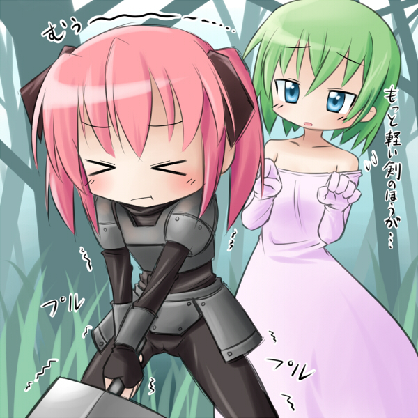 koruku, iwasaki minami, kobayakawa yutaka, lucky star, translation request, > <, 00s, :t, armor, blue eyes, cameltoe, closed eyes, dress, flat chest, green hair, heavy, knight, pink hair, role reversal, short hair, short twintails, sword, trembling, twintails, weapon