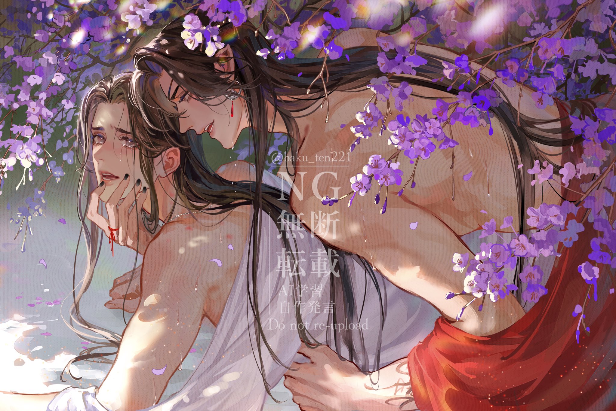 hua cheng, xie lian, tianguan cifu, highres, 2boys, anal, artist name, baku ten221, bishounen, black hair, black nails, blurry, blurry foreground, blush, branch, brown eyes, brown hair, chinese clothes, clothes down, crying, crying with eyes open, earrings, eyelashes, eyepatch, falling petals, flower, hand on another's chin, hand on another's face, hanfu, implied sex, jewelry, long hair, looking at another, lying, male focus, multiple boys, muscular, muscular male, nail polish, on stomach, open clothes, open mouth, open robe, pectorals, petals, pointy ears, profile, purple flower, red hanfu, robe, sex, sex from behind, smile, string, string around finger, string of fate, sweat, tears, topless male, tree, twitter username, upper body, watermark, watermark grid, white hanfu, wisteria, yaoi