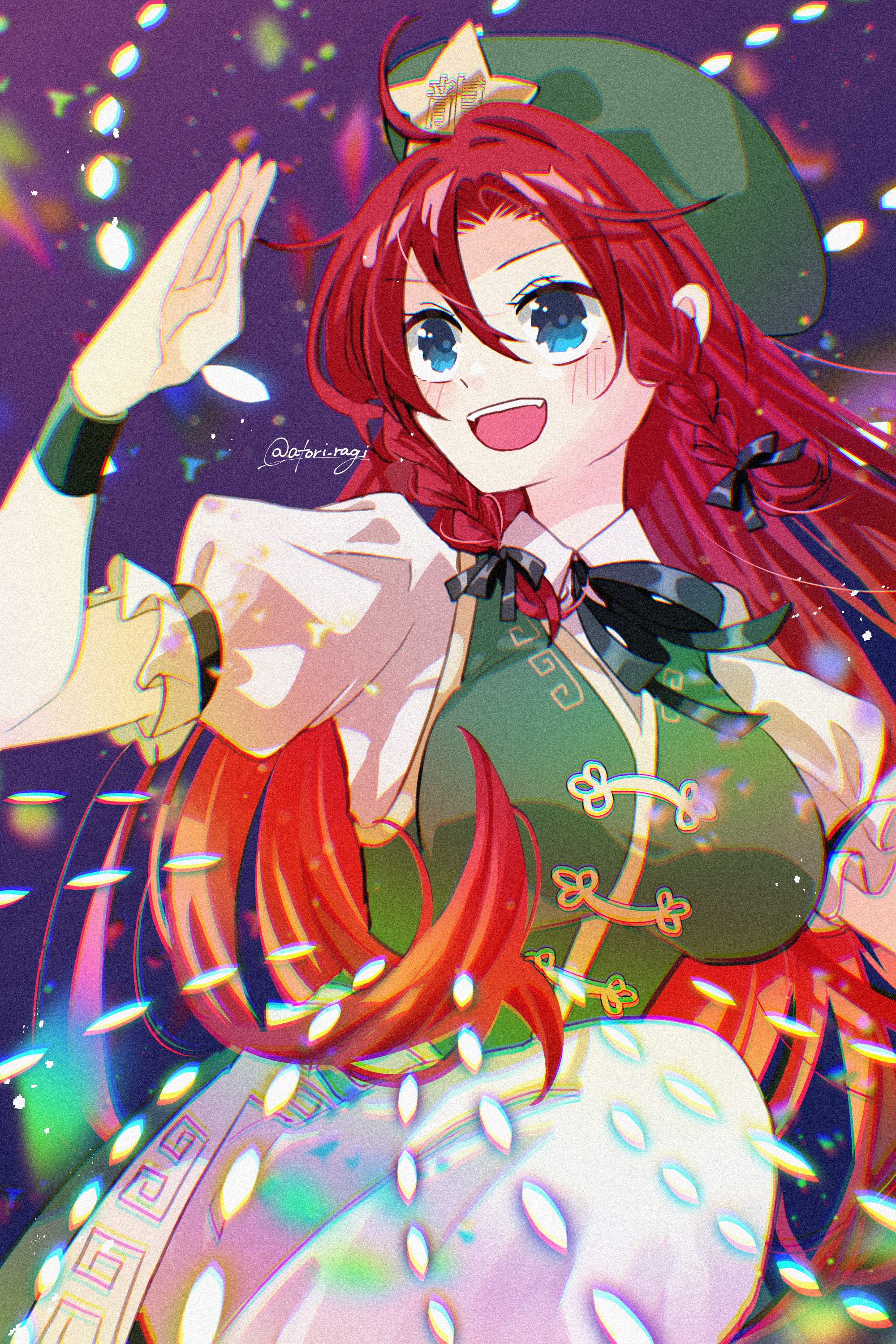 katsuragi atori, hong meiling, touhou, absurdres, commentary request, highres, 1girl, :d, ahoge, black bow, black ribbon, blue eyes, blush, bow, braid, breasts, china dress, chinese clothes, collared shirt, cowboy shot, curtained hair, danmaku, dress, fighting stance, green dress, green hat, hair between eyes, hair bow, hand up, hat, hat ornament, large breasts, long hair, neck ribbon, open mouth, pants, puffy short sleeves, puffy sleeves, red hair, ribbon, shirt, short sleeves, smile, solo, star (symbol), star hat ornament, teeth, twin braids, upper teeth only, white pants, white shirt, wristband