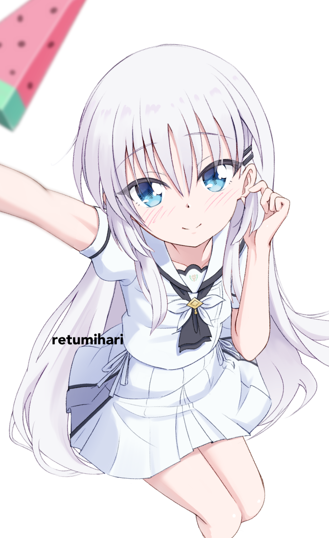 retumihari, naruse shiroha, summer pockets, commentary, 1girl, arm up, ascot, black ascot, blue eyes, blunt ends, blurry, blush, closed mouth, depth of field, eyes visible through hair, feet out of frame, food, foreshortening, from above, hair between eyes, hair ornament, hairclip, hand up, long hair, miniskirt, parallel hairclips, playing with own hair, pleated skirt, popsicle, puffy short sleeves, puffy sleeves, sailor collar, school uniform, serafuku, shirt, short sleeves, sidelocks, simple background, sitting, skirt, smile, solo, split mouth, straight hair, summer pockets school uniform, tsurime, very long hair, watermelon bar, white background, white hair, white sailor collar, white serafuku, white shirt, white skirt