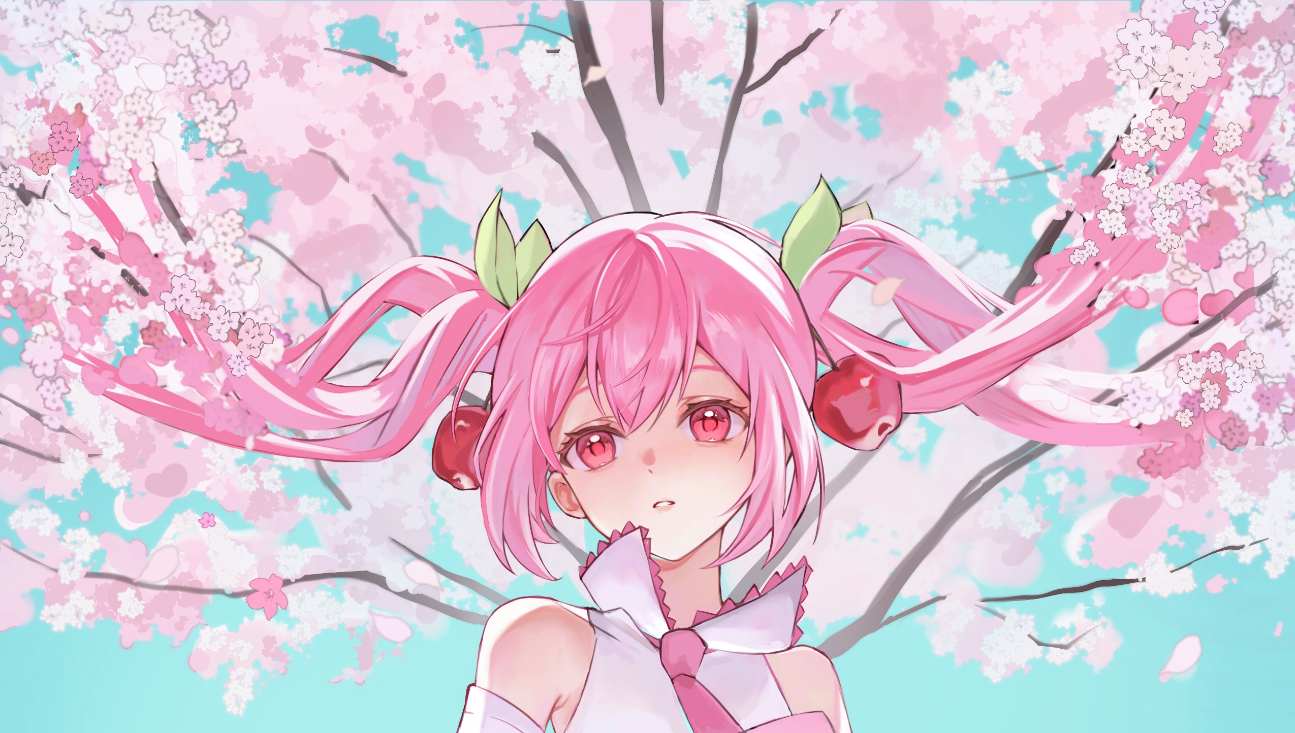 shizuku-ethereal, hatsune miku, sakura miku, vocaloid, highres, 1girl, cherry blossoms, collared shirt, detached sleeves, hair between eyes, long hair, necktie, parted lips, pink eyes, pink hair, pink necktie, shirt, sleeveless, sleeveless shirt, very long hair, white shirt