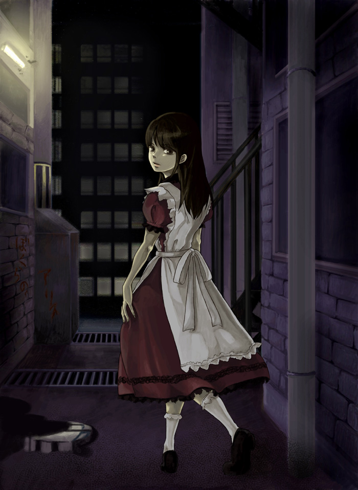 noja, alice (alice in wonderland), alice's adventures in wonderland, yugami no kuni no alice, apron, brown eyes, brown hair, city, dress, lace, socks, solo