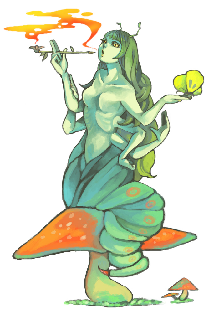 noja, caterpillar (alice in wonderland), alice's adventures in wonderland, 1girl, antennae, arthropod girl, breasts, bug, butterfly, caterpillar, caterpillar girl, colored skin, extra arms, female focus, green hair, green skin, hand on own hip, holding, holding smoking pipe, insect, kiseru, monster girl, mushroom, no nipples, nude, ribs, simple background, smoking, smoking pipe, solo, white background, yellow eyes