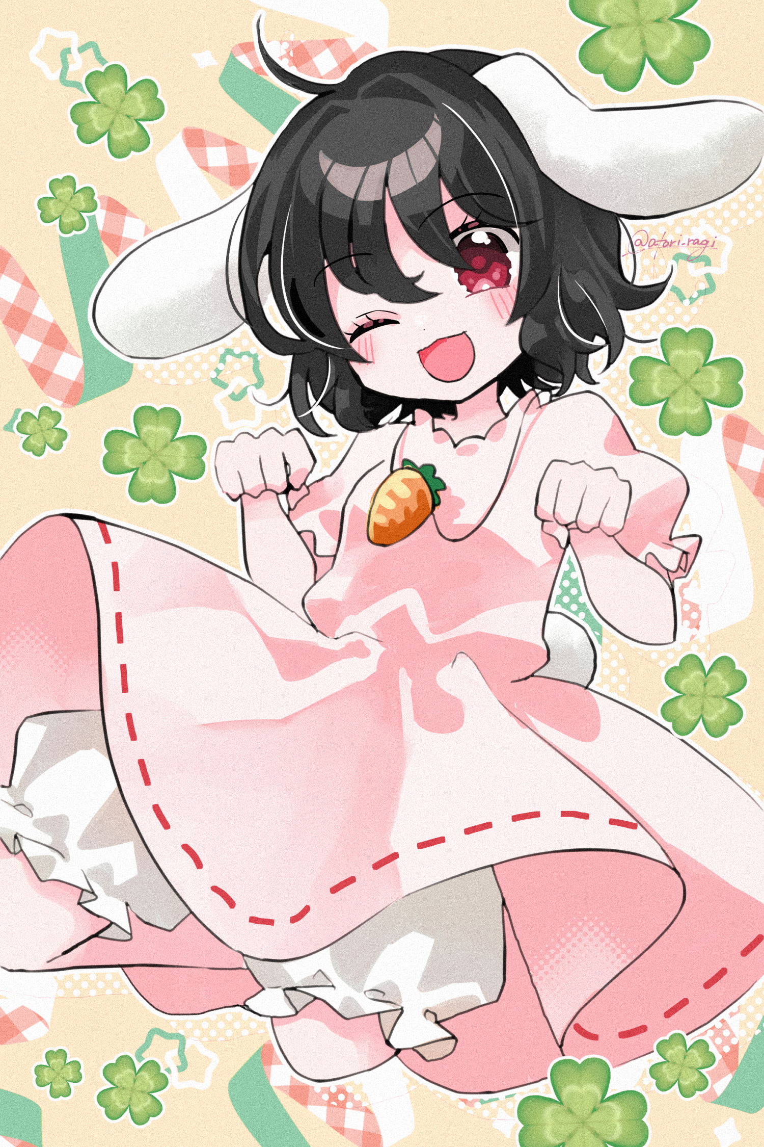 katsuragi atori, inaba tewi, touhou, commentary request, highres, 1girl, ;d, ahoge, animal ears, black hair, bloomers, blush, carrot necklace, clover, dress, floating, floppy ears, four-leaf clover, hair between eyes, jewelry, looking at viewer, necklace, one eye closed, open mouth, paw pose, pink dress, puffy short sleeves, puffy sleeves, rabbit ears, rabbit girl, rabbit tail, red eyes, ribbon-trimmed dress, ribbon trim, short hair, short sleeves, smile, solo, star (symbol), tail, twitter username, underwear, white bloomers, yellow background