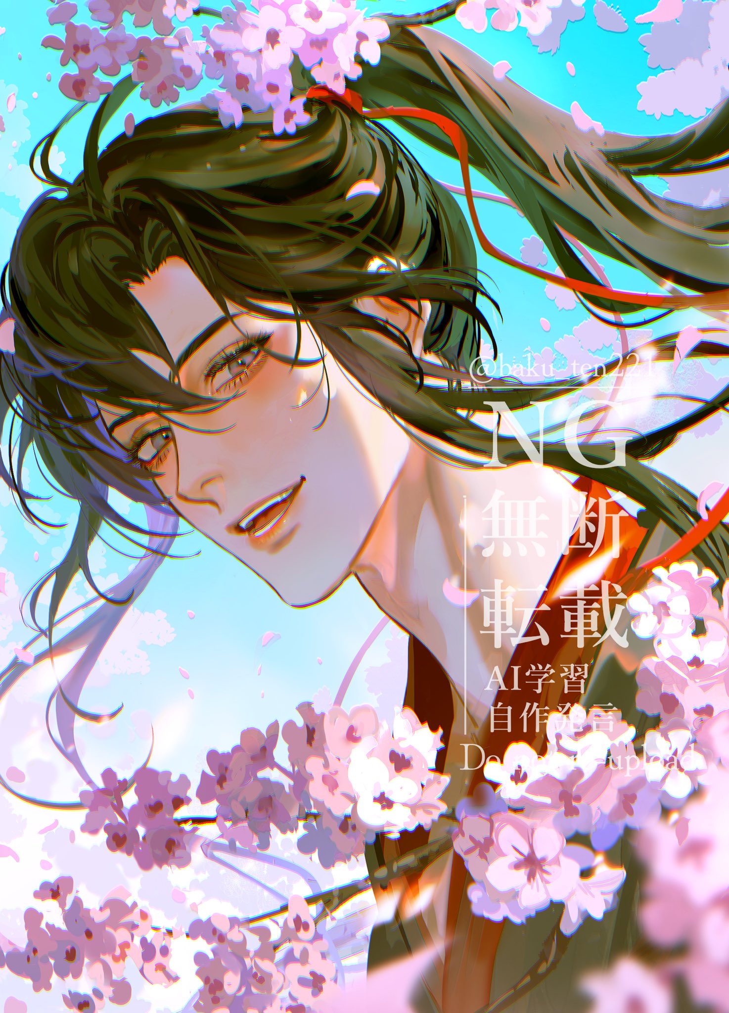 wei wuxian, modao zushi, highres, 1boy, ahoge, artist name, baku ten221, bishounen, black hair, black hanfu, blue sky, blurry, blurry foreground, blush, branch, brown eyes, cherry blossoms, chinese clothes, day, eyelashes, falling petals, floating hair, flower, grey eyes, hair ribbon, hanfu, long hair, looking at viewer, male focus, open mouth, outdoors, petals, pink flower, ponytail, red ribbon, ribbon, sidelocks, sky, smile, solo, teeth, twitter username, upper body, watermark