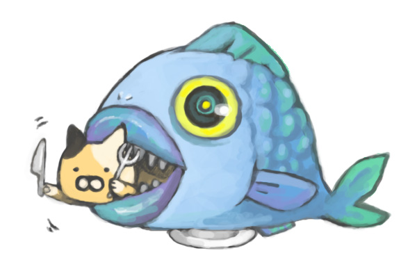 noja, original, animal, animal focus, cat, fish, fork, holding, holding fork, holding knife, knife, no humans, plate, role reversal
