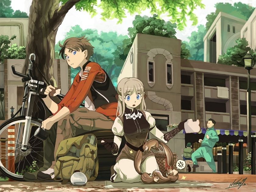 umi no manateii, original, bad id, bad pixiv id, 1girl, 2boys, bicycle, blue eyes, bread, food, multiple boys, short hair, squirrel
