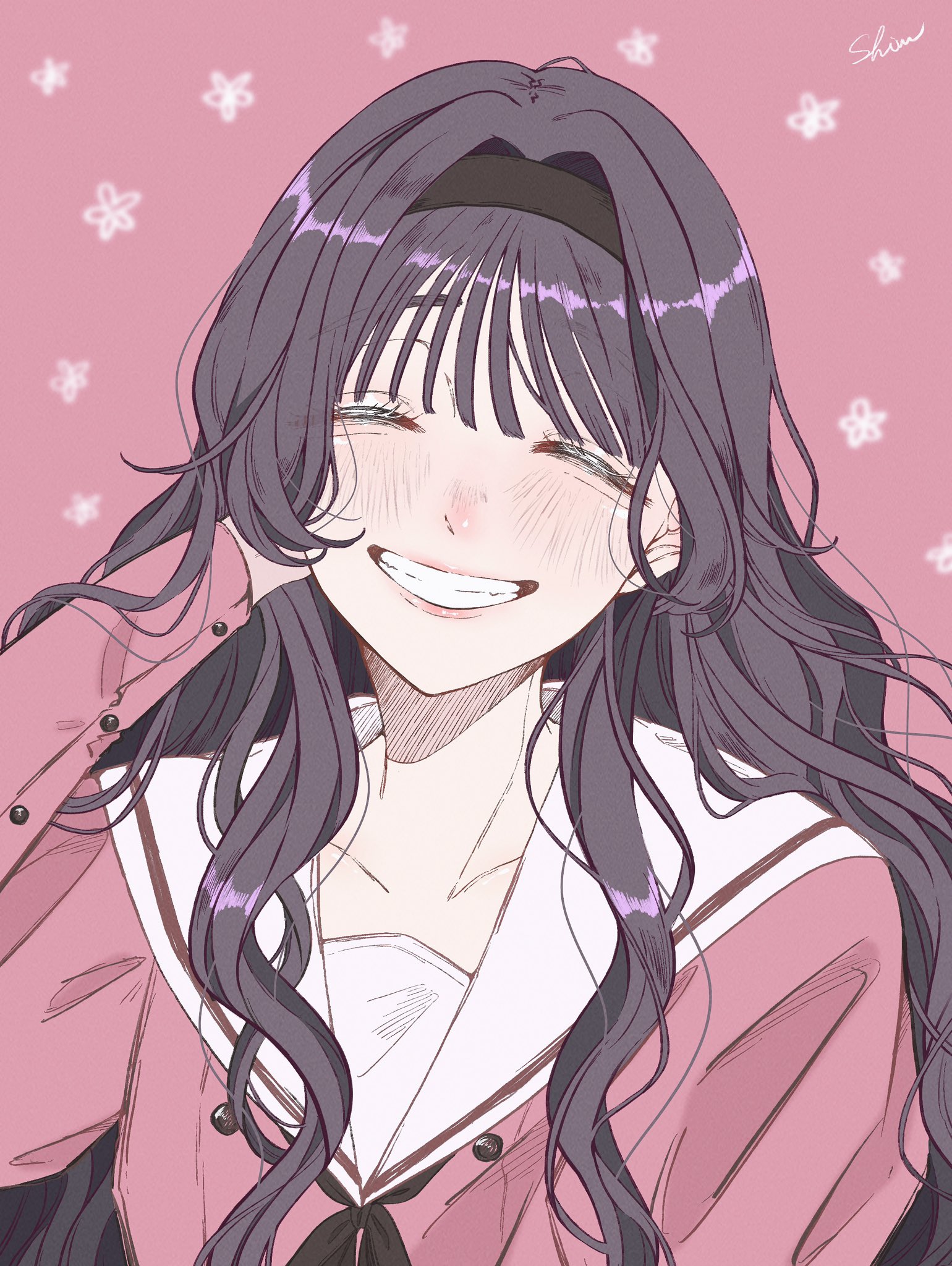 shim 46, waguri kaoruko, kaoru hana wa rin to saku, highres, 1girl, arm behind head, artist name, black hair, black hairband, black neckerchief, blush, clenched teeth, closed eyes, facing viewer, hairband, long hair, long sleeves, neckerchief, open mouth, pink background, red shirt, sailor collar, shirt, smile, solo, teeth, very long hair, white sailor collar