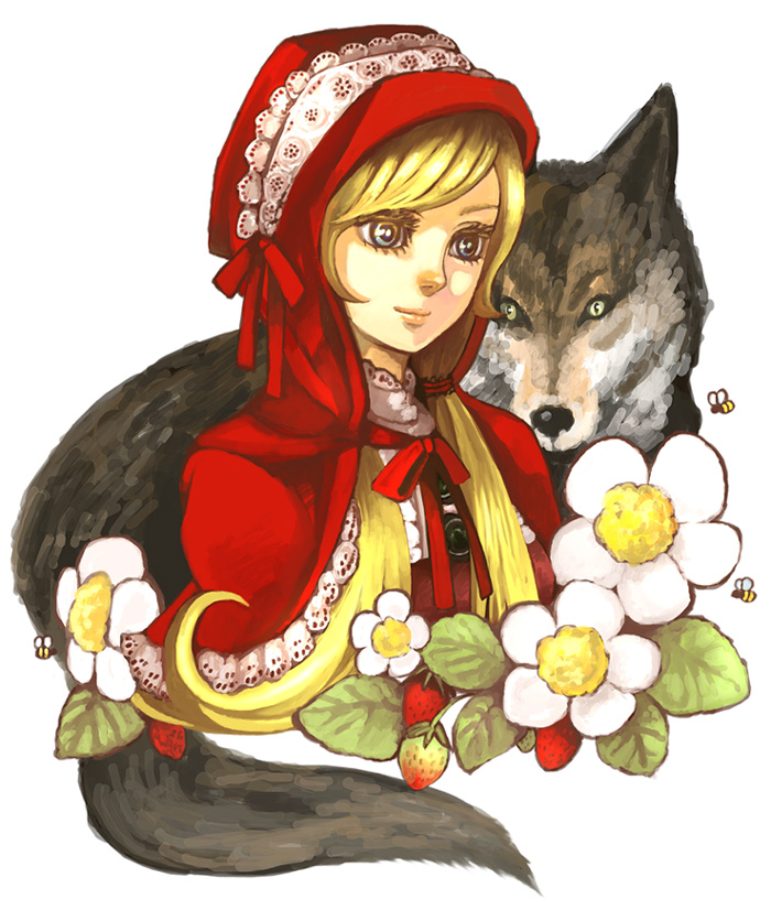 noja, big bad wolf, little red riding hood (fairy tale character), little red riding hood (fairy tale), 1girl, animal, bee, blonde hair, blue eyes, bug, cloak, female focus, flower, food, fruit, insect, lace, ribbon, solo, strawberry, strawberry blossoms, twintails, wolf