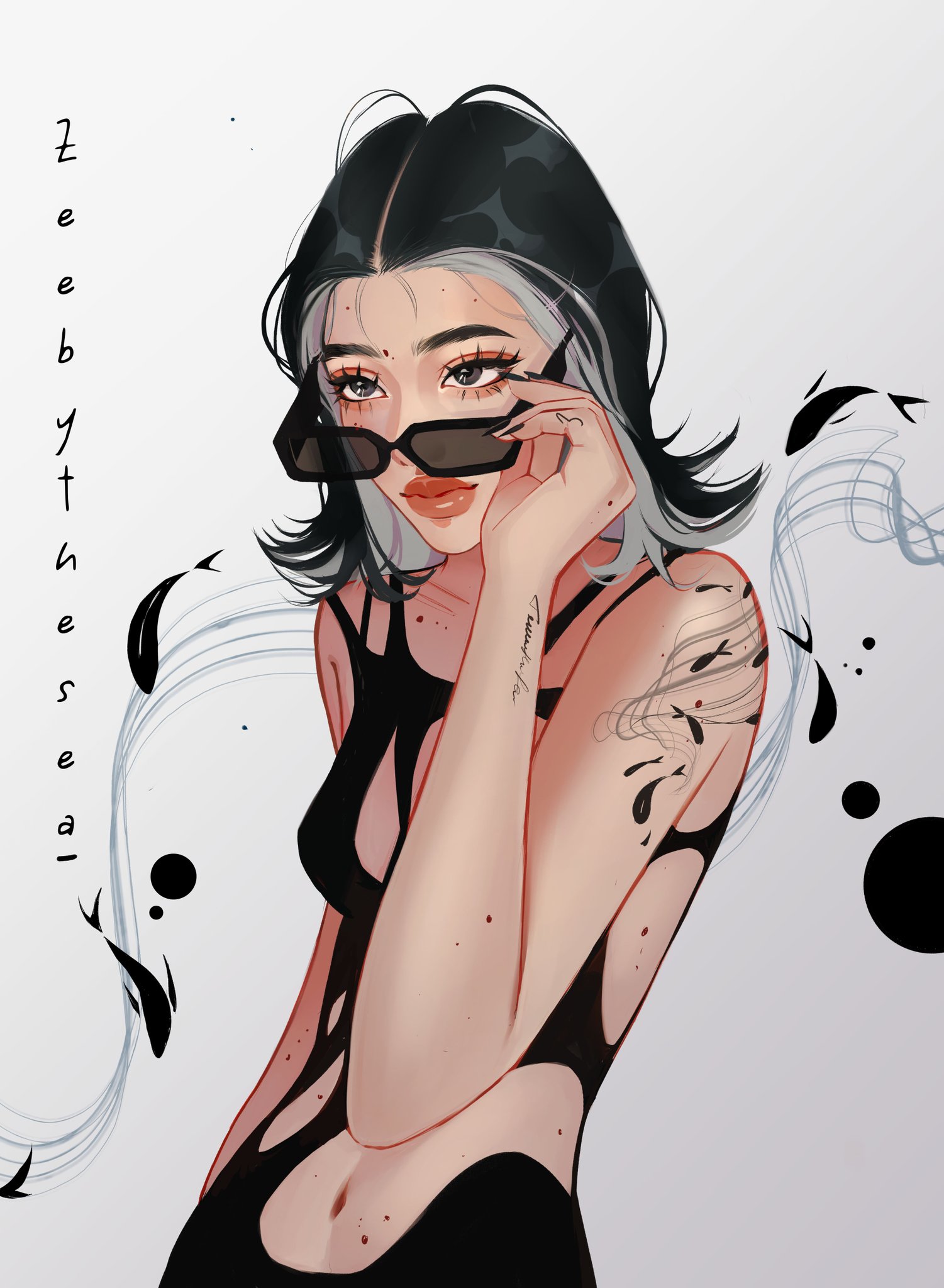 zeebythesea, original, highres, 1girl, abstract background, adjusting eyewear, arm behind back, arm tattoo, artist name, asian, asymmetrical dress, black-framed eyewear, black dress, black hair, circle, cleavage cutout, closed mouth, clothing cutout, collarbone, colored inner hair, cowboy shot, dress, eyelashes, fashion, finger tattoo, fish background, fish tattoo, flipped hair, forehead, grey eyes, grey hair, liquid dress, looking ahead, mei (zeebythesea), mole, mole on arm, mole on cheek, mole on collarbone, mole on forehead, mole on hand, mole on hip, mole on stomach, multicolored hair, multiple moles, navel, rectangular eyewear, short hair, side cutout, sleeveless, sleeveless dress, stomach cutout, sunglasses, tattoo, text tattoo, thick eyebrows, thick lips, tight clothes, tight dress, torn clothes, torn dress, two-tone background, two-tone hair, white background