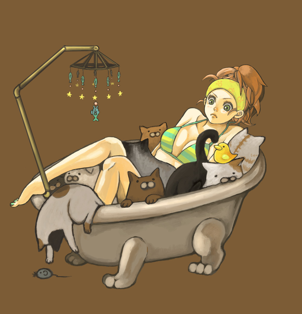 noja, original, 1girl, animal, barefoot, bath, bathtub, bikini, bikini top only, brown background, cat, claw foot bathtub, female focus, green eyes, headband, mobile, orange hair, ponytail, rubber duck, simple background, solo, swimsuit, too many, too many cats, what