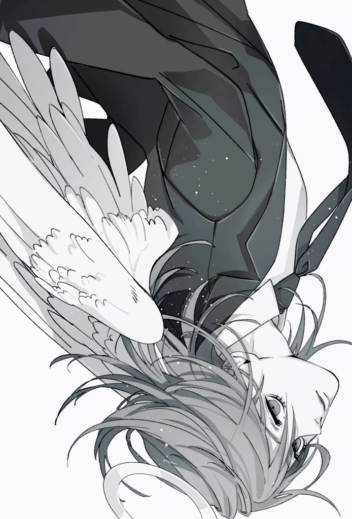 siraco (sira5 3), angel devil (chainsaw man), chainsaw man, commentary request, 1boy, angel, angel wings, collared shirt, greyscale, halo, jacket, male focus, medium hair, monochrome, necktie, shirt, simple background, solo, suit jacket, traditional halo, upside-down, white background, wings