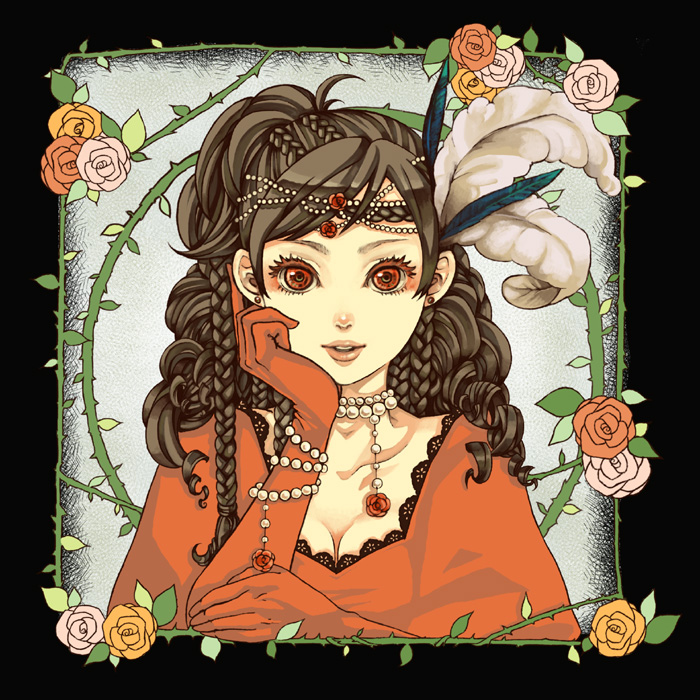 noja, original, 1girl, black hair, braid, circlet, curly hair, dress, earrings, feathers, female focus, flower, gem, gloves, jewelry, lips, lipstick, looking at viewer, makeup, necklace, parted lips, pearl (gemstone), rose, solo, thorns